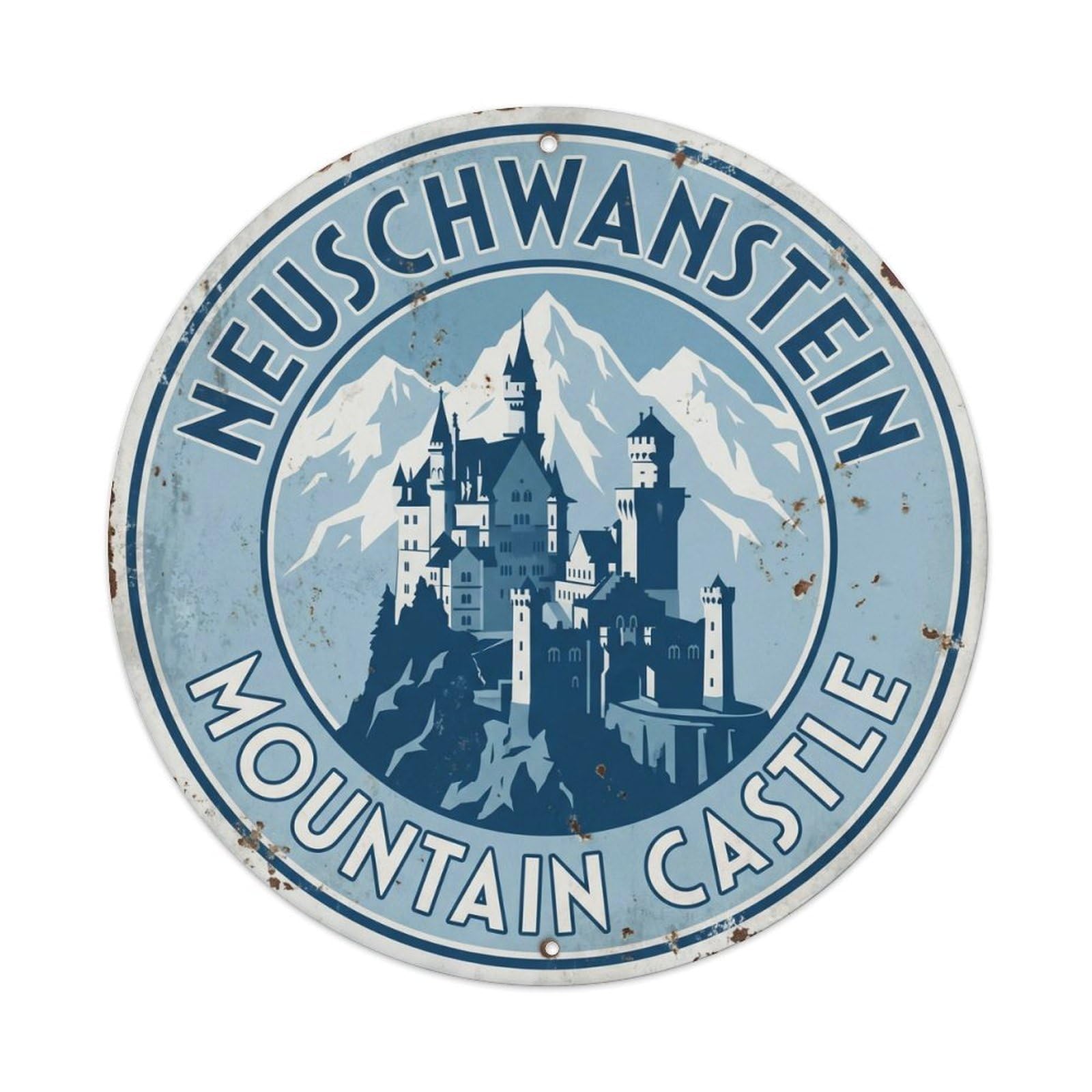 Vintage Travel Neuschwanstein Germany Mountain Metal Tin Sign Plaque Wall Decor for Cafe, Club, Garden Round Metal Poster 8x8Inch