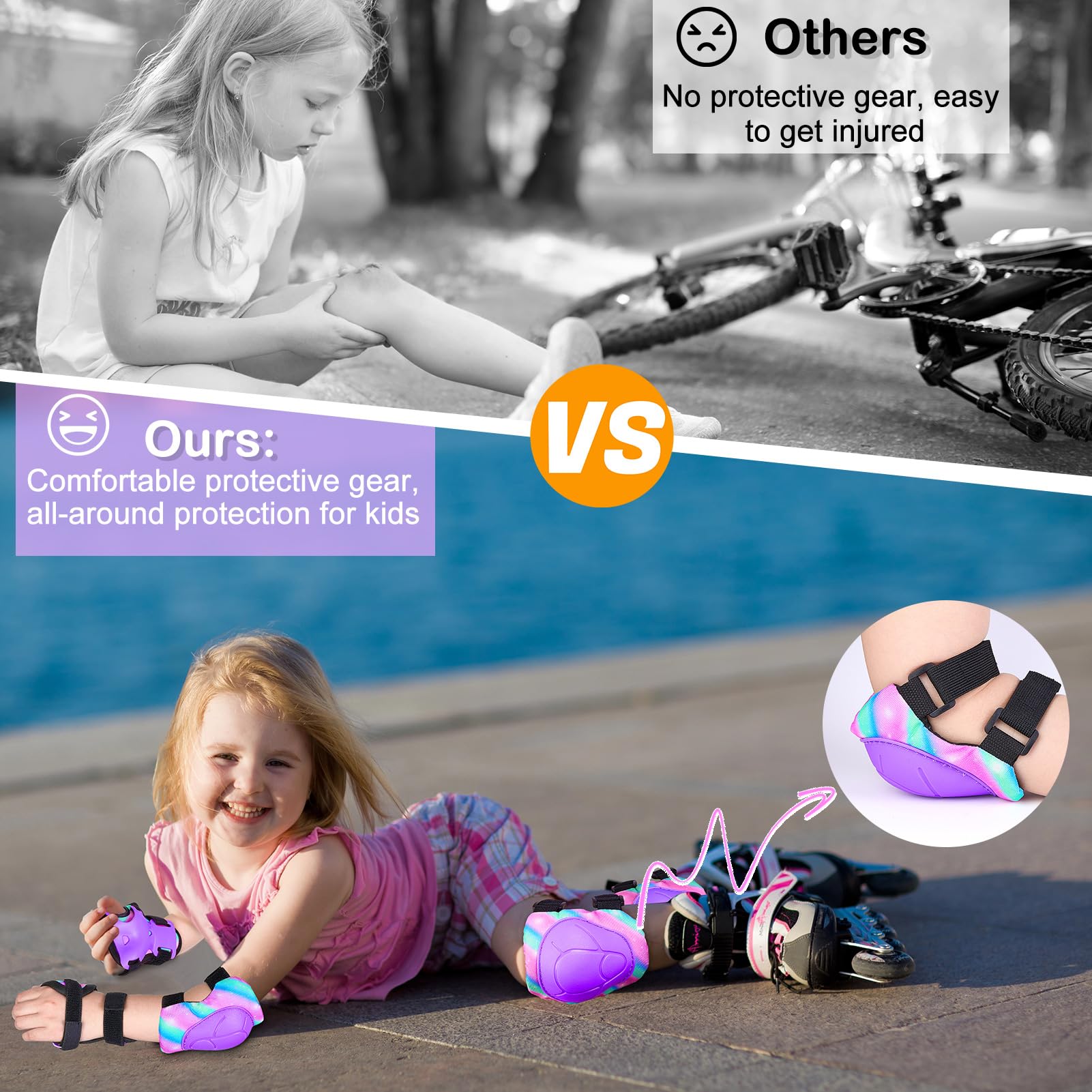 FIODAY Knee Pads for Kids Protective Gear Set Adjustable Kids Knee Pads and Elbow Pads with Wrist Guard for Girls Roller Skates Cycling Bike Skateboard Scooter Knee Pads, 3-8 Years, Rose Blue Green