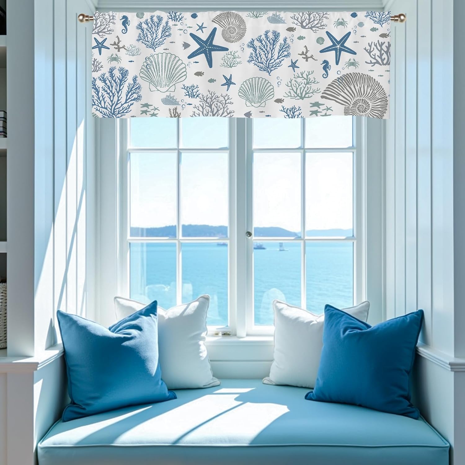Coastal Valances for Windows, Summer Nautical Valances for Windows, Blue Seaside Valance Curtains Ocean Starfish Shell Kitchen Window Decor Conch Coral Living Room Bedroom Bathroom 51x18in - Image 2