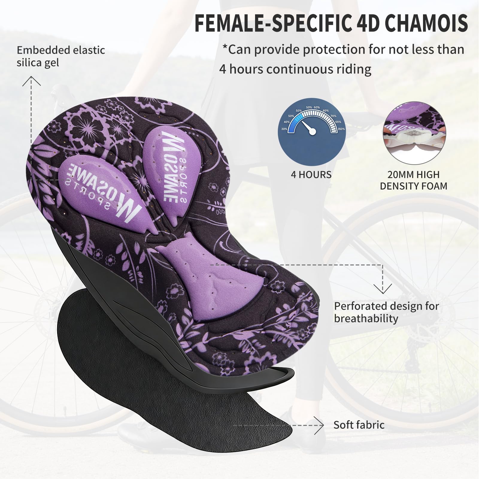 WOSAWE Pantalon de Cyclisme Longues pour Femme Respirant Elastique Leggings à Jupe Bicyclette Collants de Vélo 4D Rembourrés