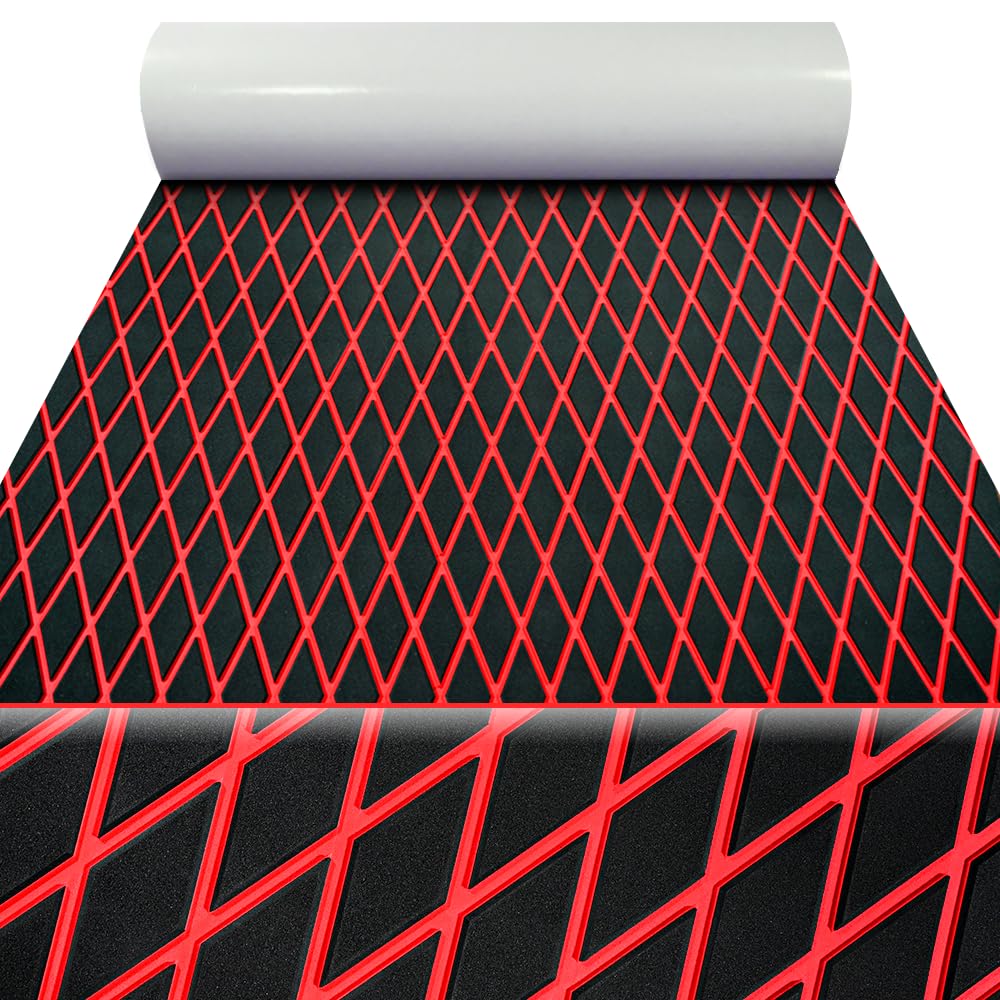 KT GuoMei 98.4"×45.2" Self-Adhesive Boat Flooring EVA Foam Boat Decking Sheet Non-Slip for Fishing Suitable for Yachts,Gardens,Kart,etc Diamond Pattern, Black and red, 98.4" X 37.7"