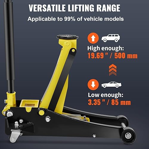 Miniatura 3 de VEVOR Gato de piso de perfil bajo, 3 toneladas, acero resistente, bomba de elevación rápida de doble pistón, rango de elevación de 3.35 - 19.69