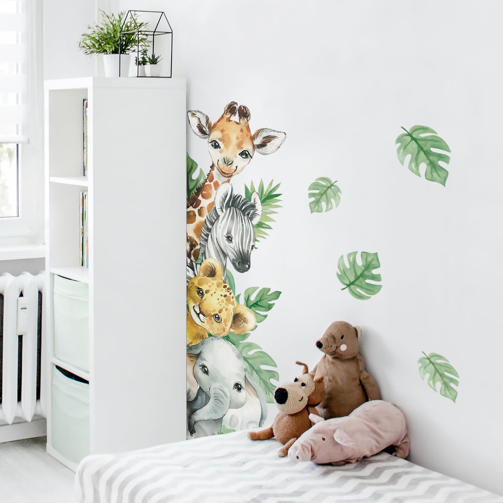 Tanlaby Adesivi Murali Animali Giungla Adesivi da Parete Animali dei Cartoni Animati Stickers Murali Giraffa Zebra Verde Foglie Stickers Muro per Bambini Camerette Camera da Letto Asilo Nido