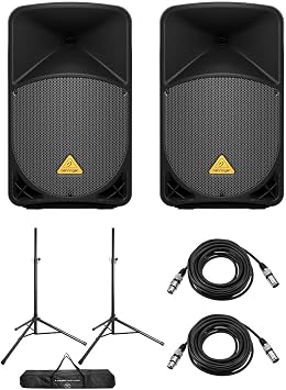 Behringer Eurolive B112W 12" 1000W 2-Way Active PA Powered Speaker, Pair, Bundle with Speaker Stands and XLR Cables