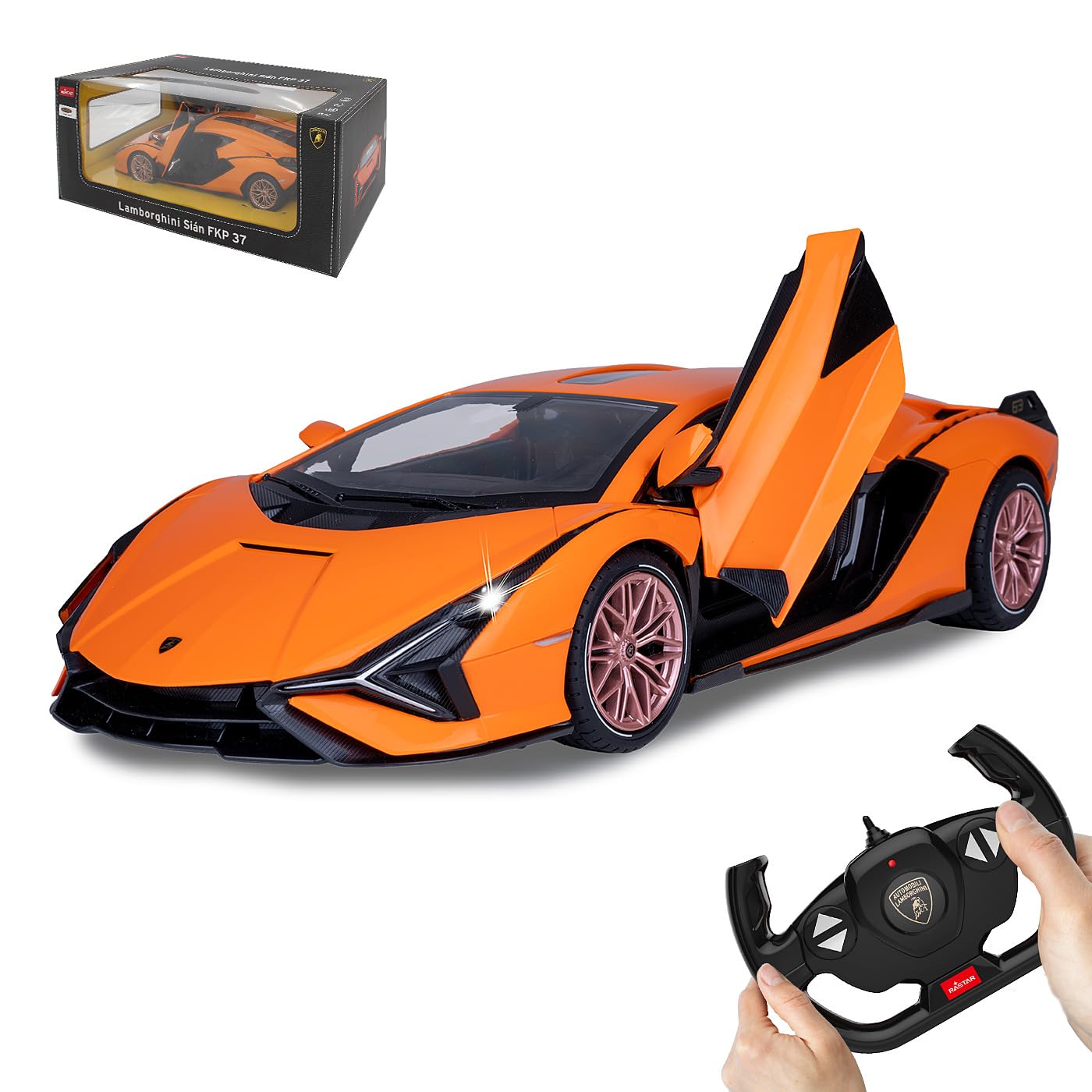 Jamara 403127 Lamborghini Sián 2,4 GHz 1:14 drzwi ręczne RC samochód, oficjalnie licencjonowany, do 1 godziny czasu jazdy, ok. 11 km/h, precyzyjnie odwzorowane szczegóły, szczegółowe wnętrze, pomarańczowy