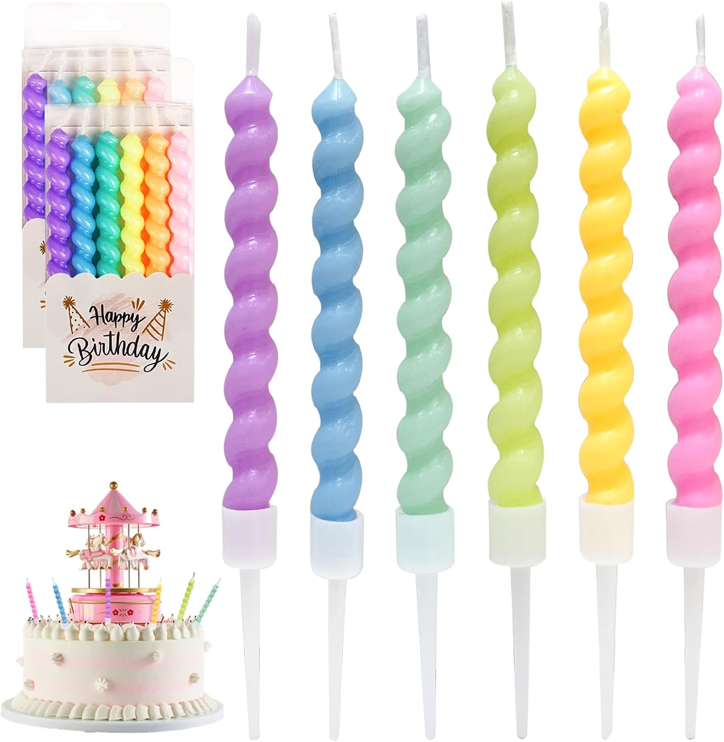 12 Pcs Birthday Candles for Cakes, Rainbow Spiral Cake Candles, Party