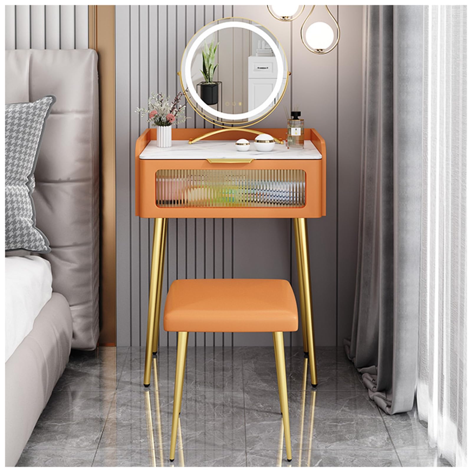 asdchZen 50/60Cm Blue Dressing Table Set With Touch Screen Mirror, 3 Lighting Modes, Drawer & Cushioned Stool-Stylish Vanity Desk For Bedroom, Perfect Makeup Station,Orange-50x40x78cm