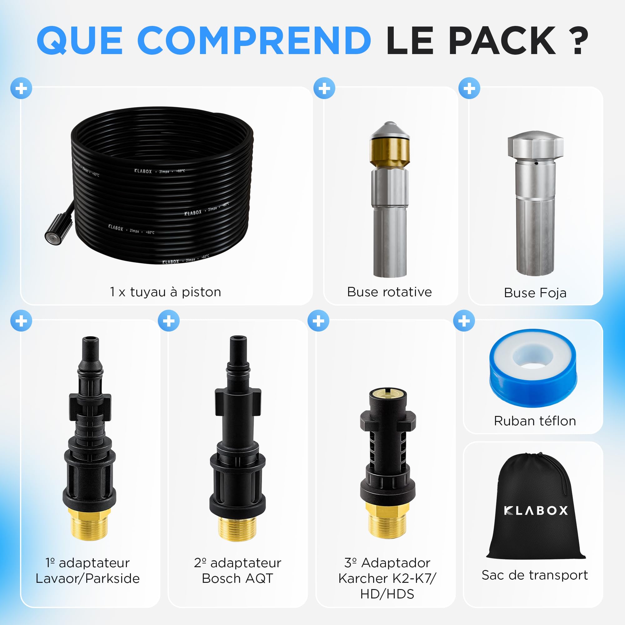 KLABOX Déboucheur Canalisation Haute Pression 15m - Compatible Karcher K2-K7, Lavor, Bosch - Avec 3 Adaptateurs Et 2 Buses