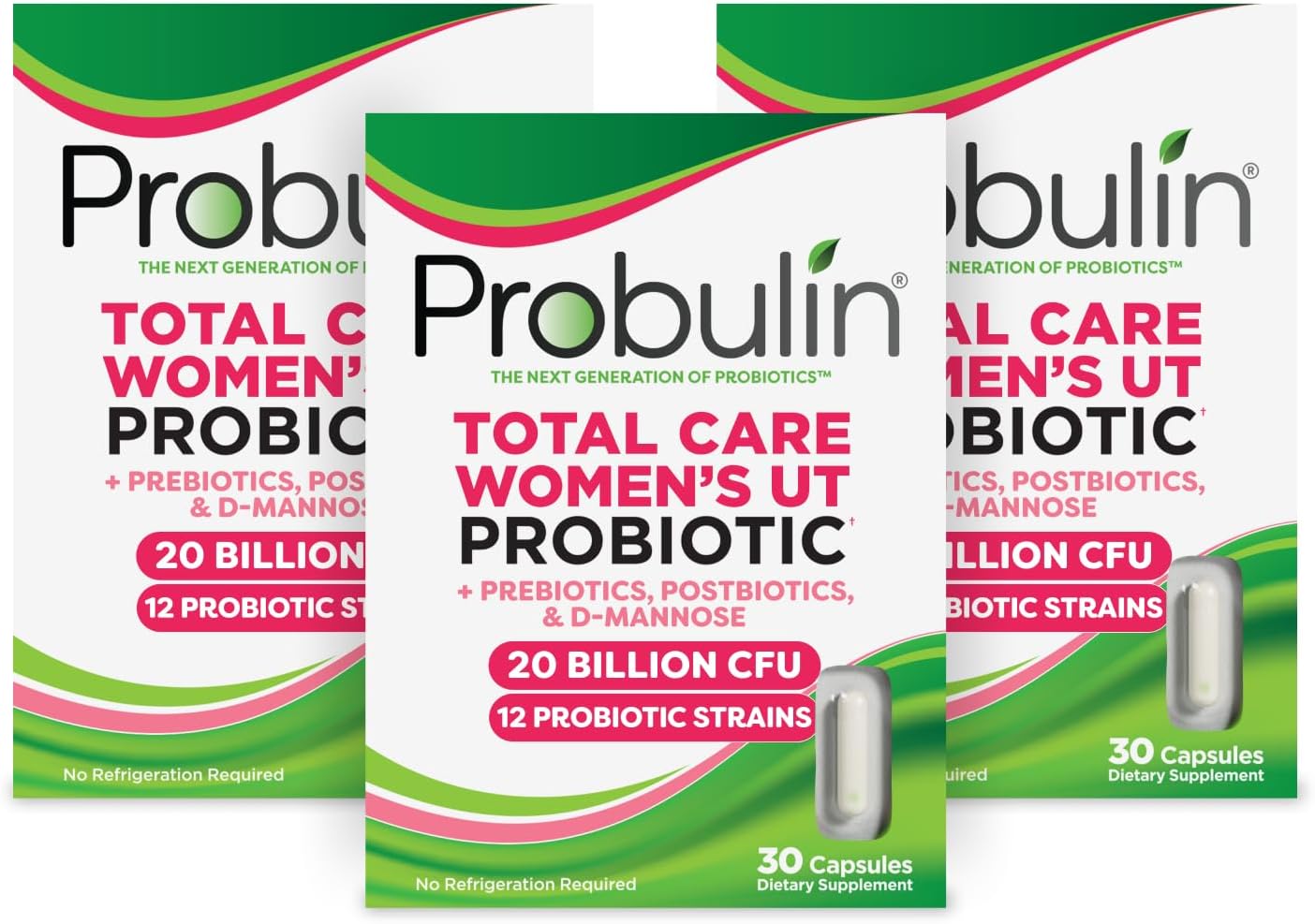 Probulin Total Care Women's Urinary Tract = Prebiotics + Probiotics + Postbiotics to Support Healthy Vaginal Microbiome - 20 Billion CFU - 12 Strains - 30 Vegan Caps (Pack of 3)