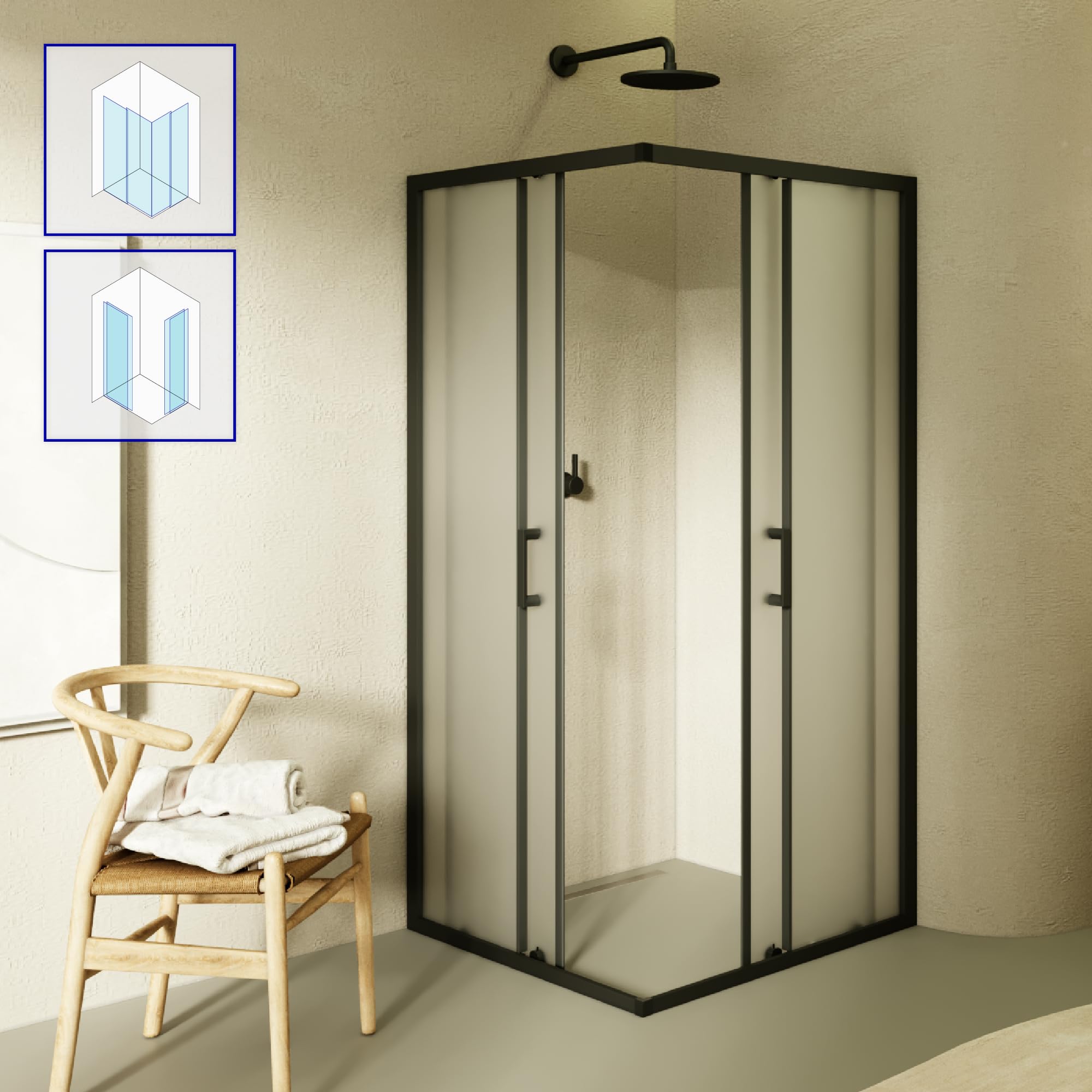 Mampara de Ducha Diana 80x100x180cm | REVERSIBLE | Puertas correderas, Ajuste 77,5-79,5 x 97,5-99,5cm | Perfiles Negros, cristal de seguridad ESG Satinado de 6mm