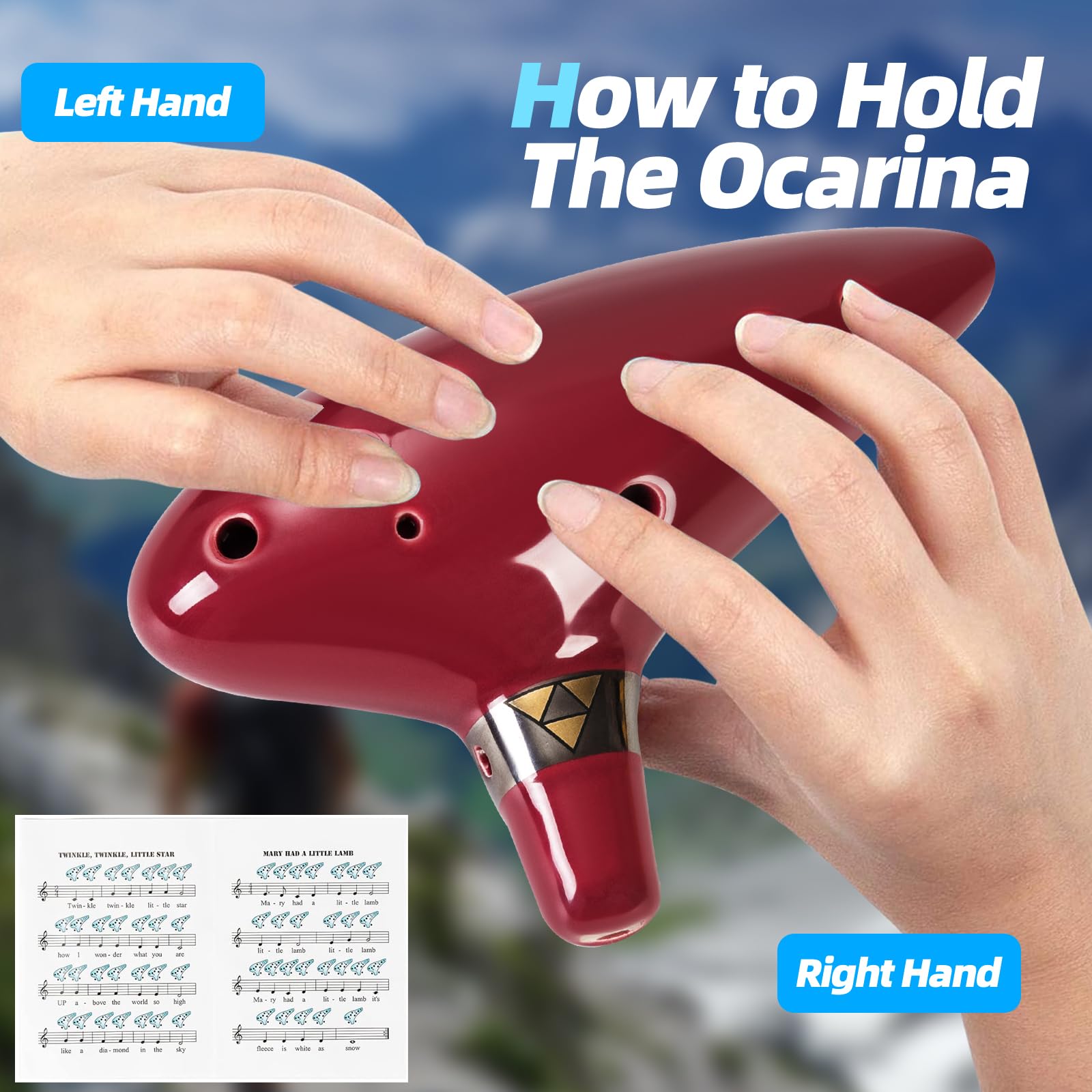 Mulucky Ocarina en argile naturelle à 12 trous avec accessoires, boîte cadeau pour instrument de musique pour débutants (rouge)