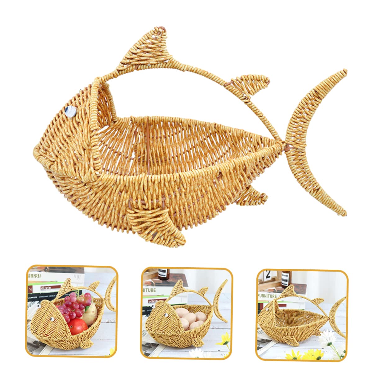 VICASKY Cesto Intrecciato in Plastica Porta Frutta Motivo a Pesce, Base Piatta e Stabile, Contenitore Decorativo per Snack e Verdura, Adatto per Cucina e Sala da Pranzo