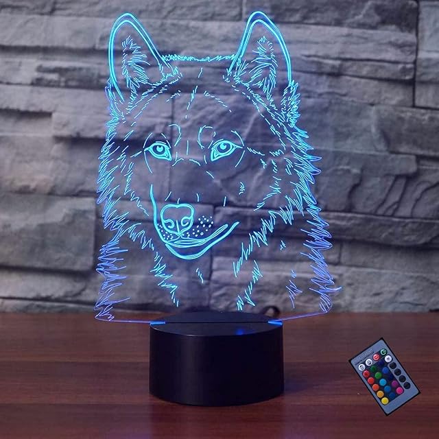 Creative 3D Wolf Night Light 16 Colors Changing Remote Control USB Power Touch Switch Decor Lamp Optical Illusion Lamp LED Table Desk Lamp Christmas Brithday Children Kids Gift