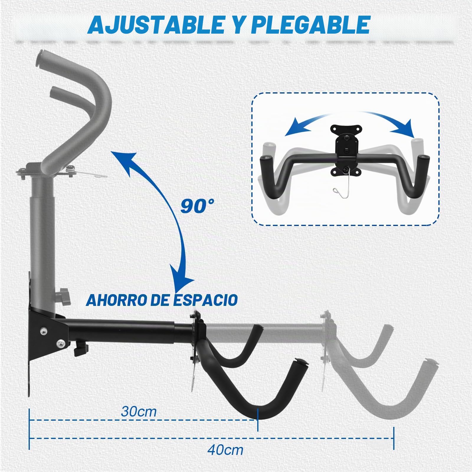 Soporte de Pared para Bicicleta, Plegable Colgador Bicicleta Pared con Gancho para Casco, Espuma Acolchada Capacidad de 30Kg Distancia Ajustables Colgar Bicicletas Pared para Garaje, Interior