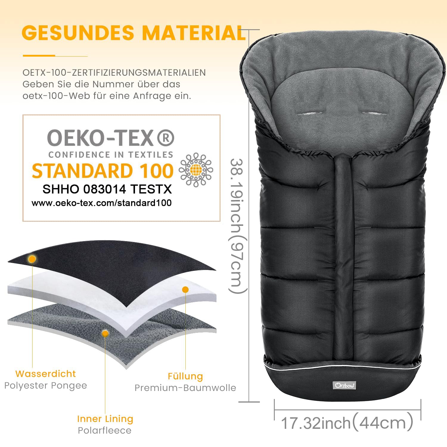 Orzbow Fußsack Kinderwagen Winter, Polar Fleece, Reißverschluss, Reflektorstreifen, Wasserdicht, Maschinenwaschbar, Schwarz