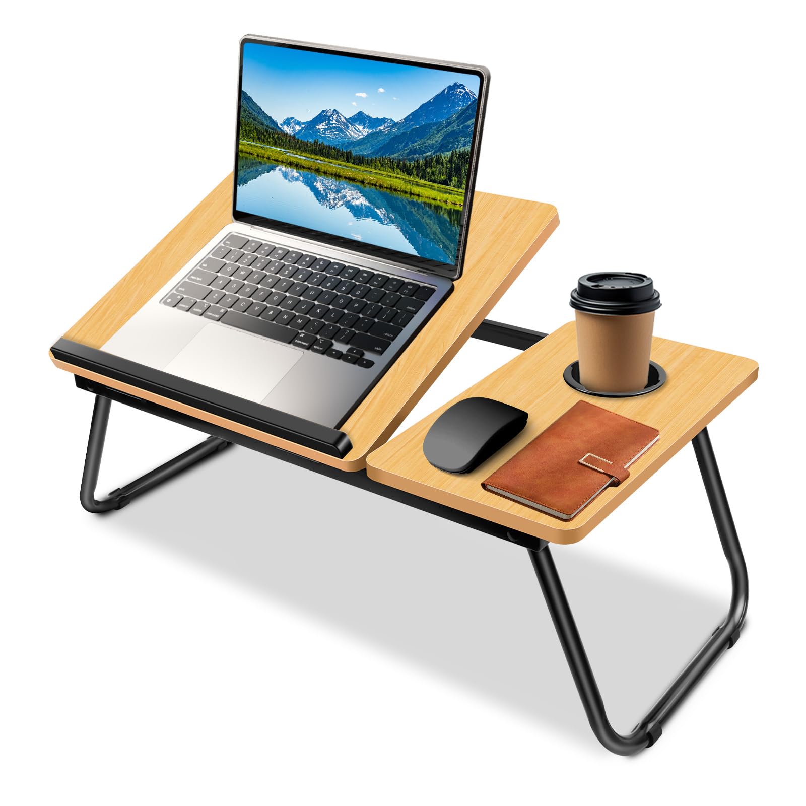 Laptop Desk, 5-Level Adjustable Height Laptop Bed Table with Foldable Legs & Cup Slot, Reading Holder, Lap Desk Tray Notebook Stand Breakfast Bed Tray Book Holder for Sofa,Terrace, Balcony (Wooden)