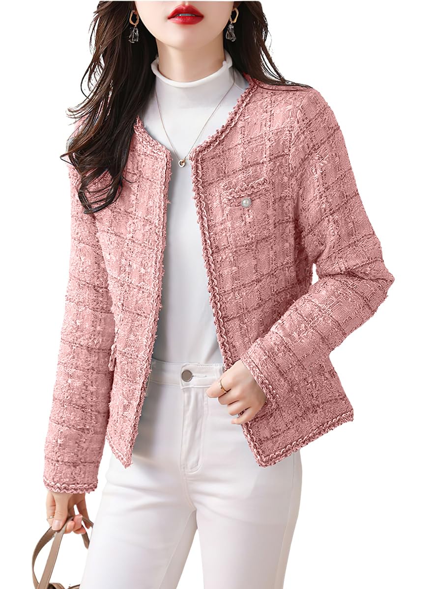 Womens Fall 2024 Open Front Tweed Blazer Jacket Slim Fit Business Casual Tweed Jacket Coat