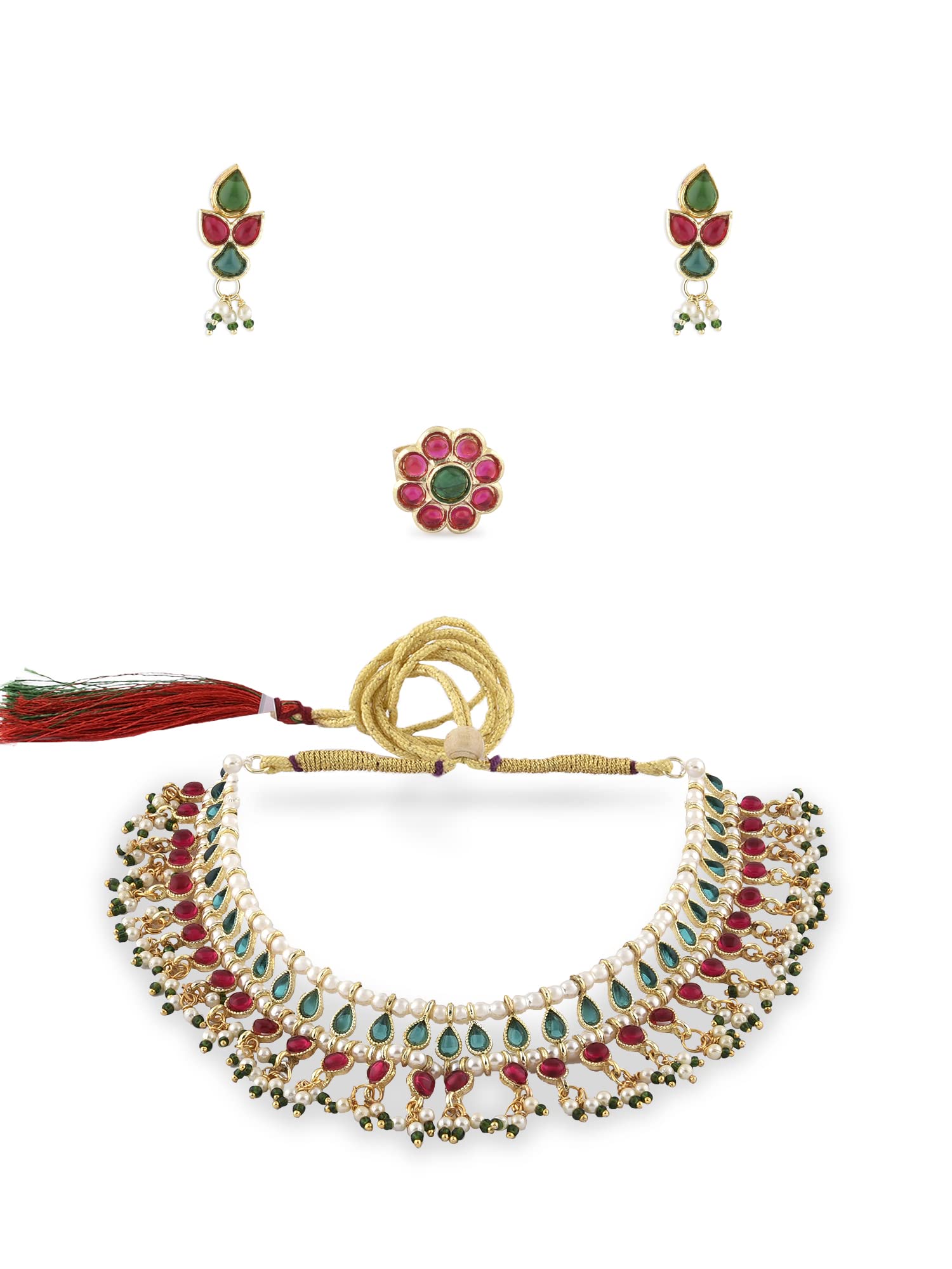ZAVERI PEARLS Pink & Green Kundan Choker Necklace Earring & Ring Set For Women-ZPFK15192 (B0BRNBLK94) Amazon Price History, Amazon Price Tracker