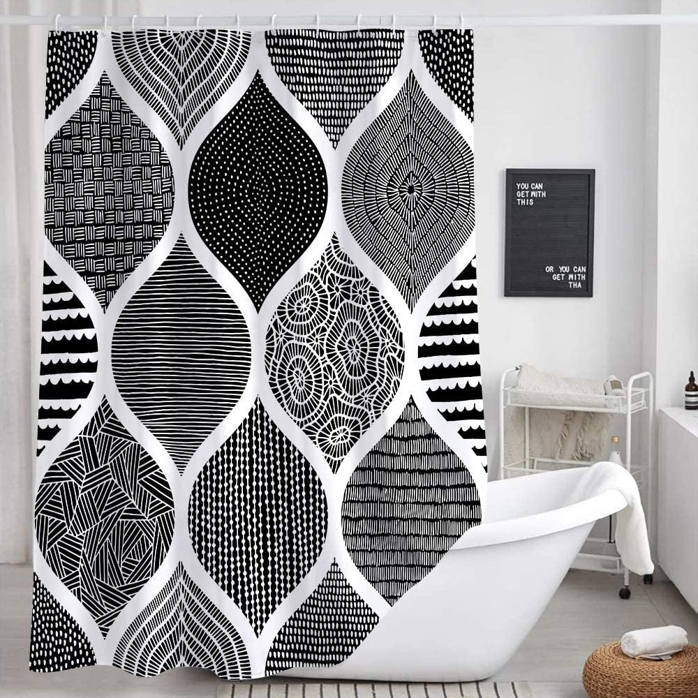 JAWO Black and White Shower Curtain for Bathroom, Bohemian Chic Geometric Pattern Modern Paisley Fabric Shower Curtains Set, Abstract Bohemia Restroom