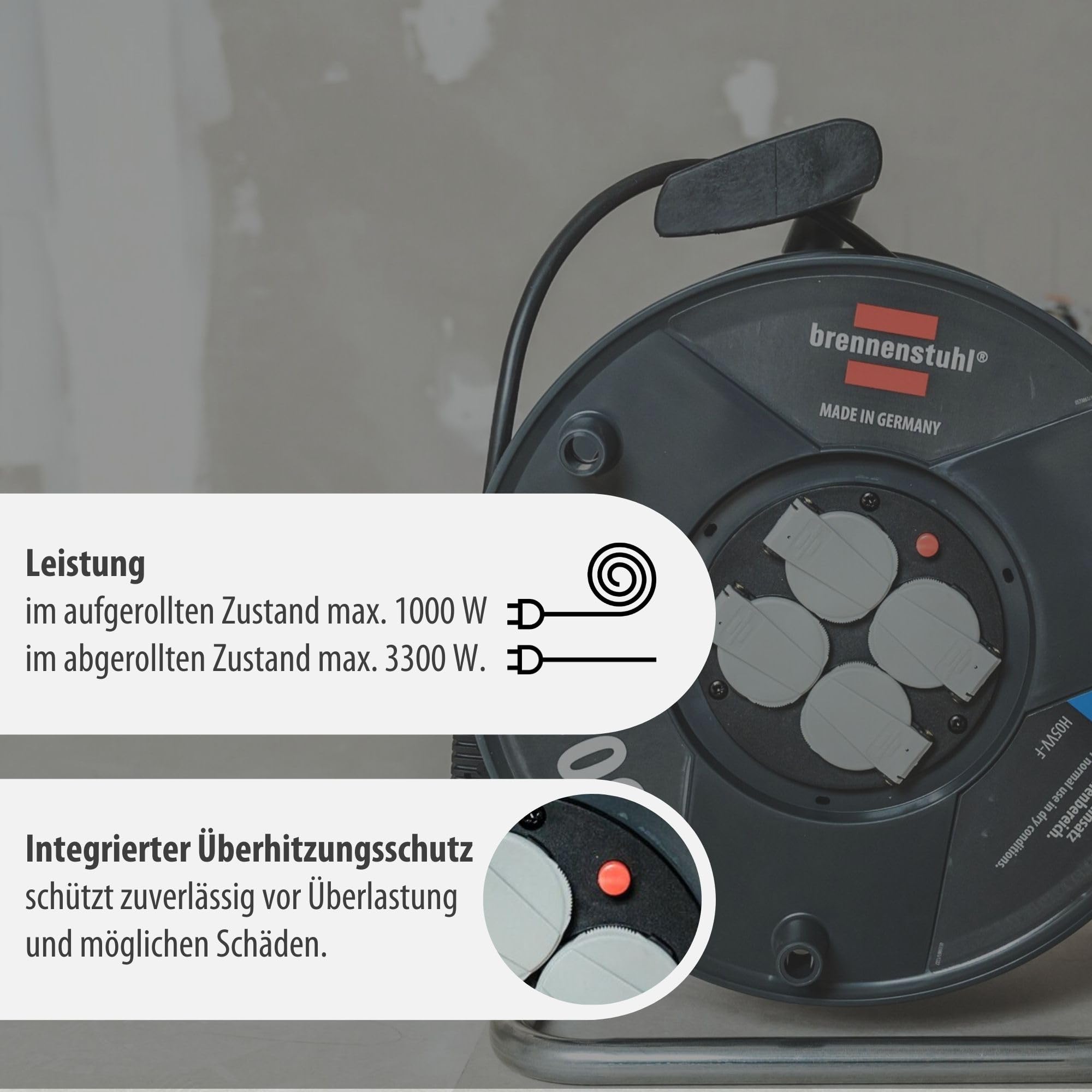 Brennenstuhl Garant V2 Kabeltrommel 50m Kabel (Made in Germany, 4 Schutzkontakt-Steckdosen, Überhitzungsschutz, Trommelkörper aus Spezialkunststoff)
