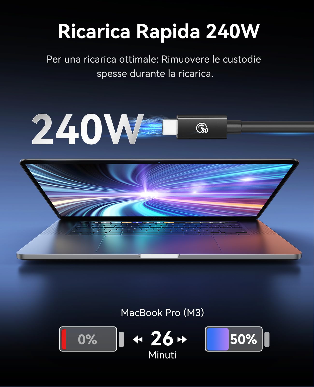 ORICO Cavo Thunderbolt 5, 80Gbps Cavo da USB-C a USB-C, Ricarica 240W, Larghezza di Banda Fino a 120Gbps, Visualizzazione 8K, Compatibile con Thunderbolt 5/4/3, iPhone 16, MacBook