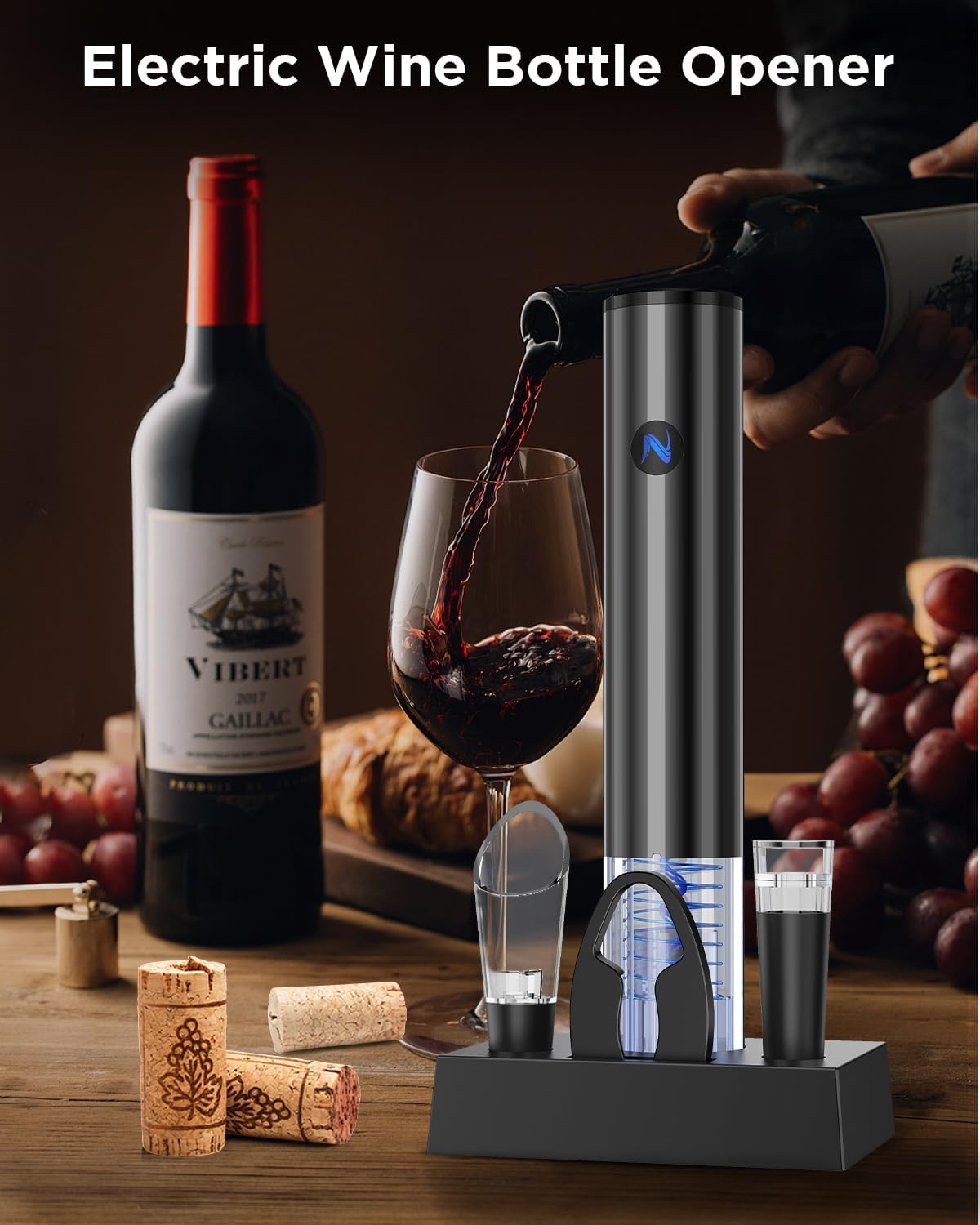 Electric Wine Opener with Charging Base - Perfect Wine Gift Set for Women/Men - Corkscrew Wine Bottle Opener with Aerator & Pourer, Vacuum Stopper, Foil Cutter
