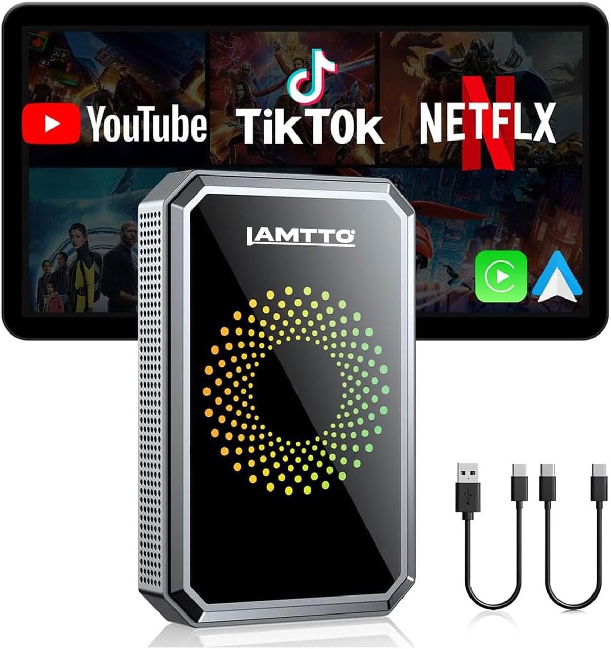 LAMTTO 3-in-1 Magic Video AI Box for Streaming Netflix/YouTube/TikTok, Wireless Carplay Adapter Dongle with USB Drive for OEM Wired Apple Car Play Cars