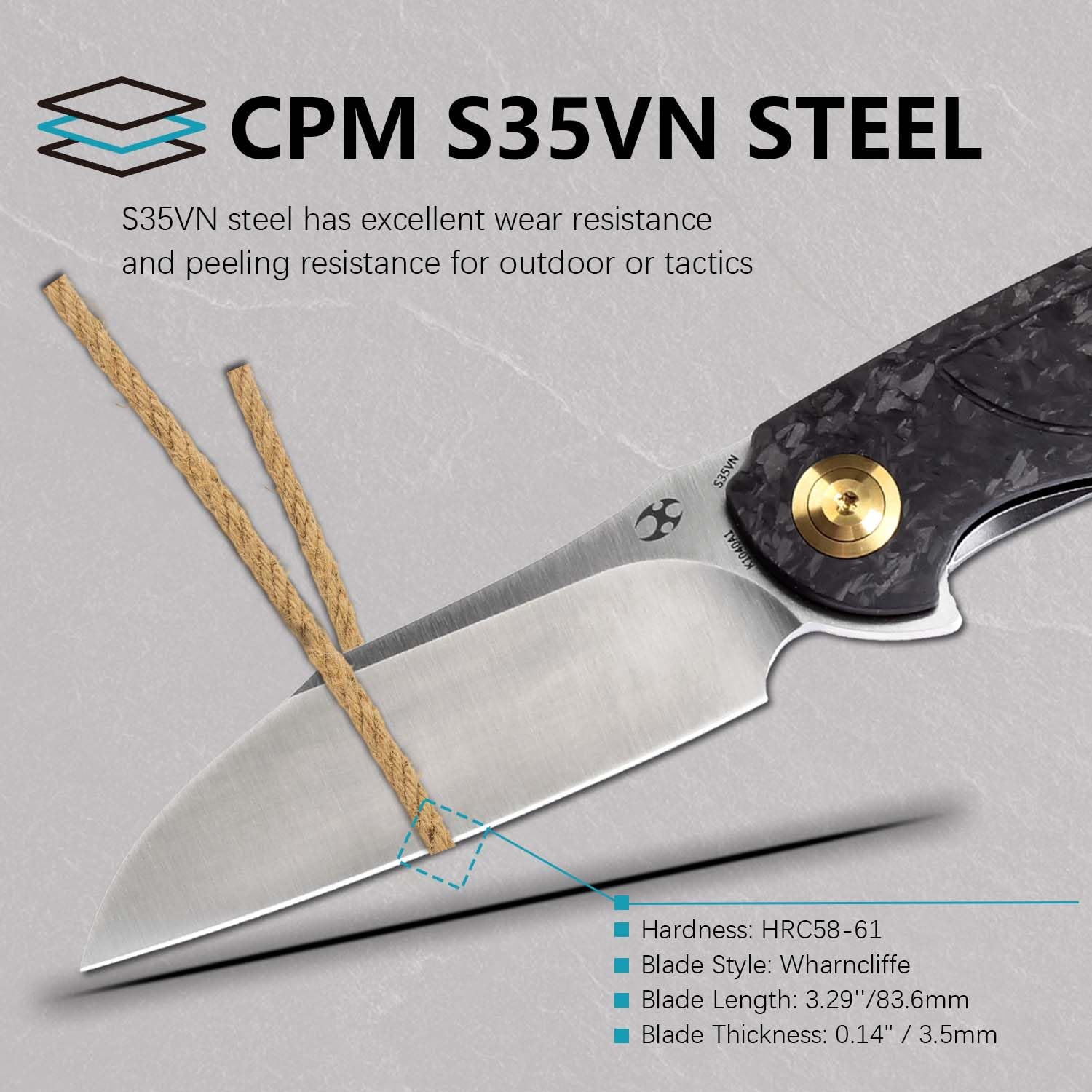 KANSEPT Prometheus Pocket Folding Knife for Men - EDC Camping 3.29'' Satin CPM S35VN With Twill Carbon Fiber Handle - Everyday Carry K1040A1