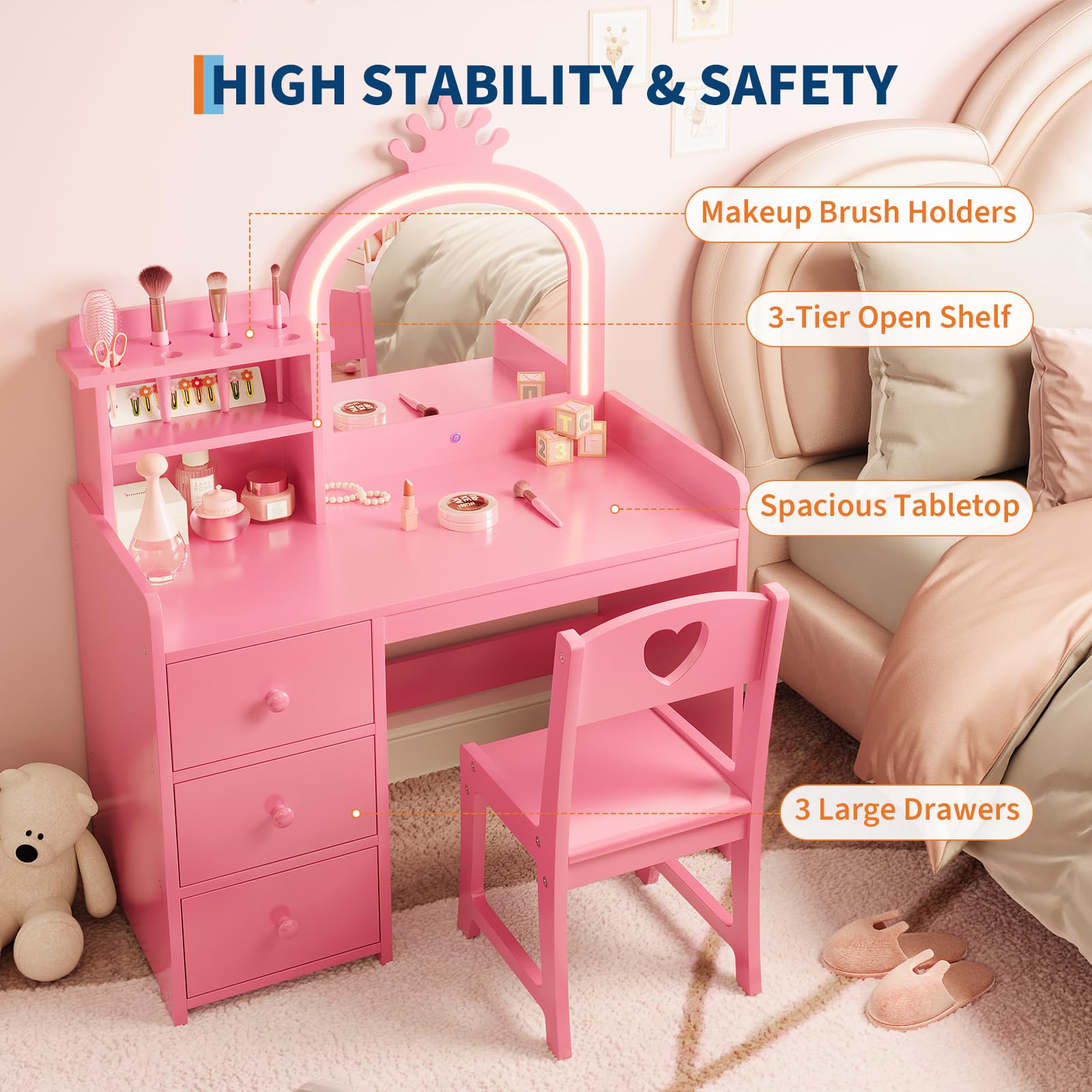 Garvee Kinder Schminktisch mit Stuhl & Spiegel, 3-Farben LED Beleuchtung & Touch-Sensor, Frisiertisch mit 3 Schubladen, 2-in-1 Schreibtisch, Kosmetiktisch Mädchen Krone Holz, Rosa