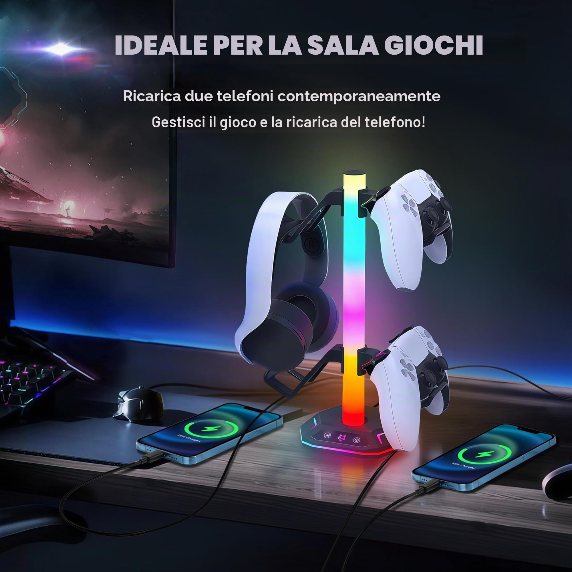 auvstar Porta Joystick Supporto Cuffie Gaming USB Type-C con Retroilluminazione RGB 10 Modalità (Nero)