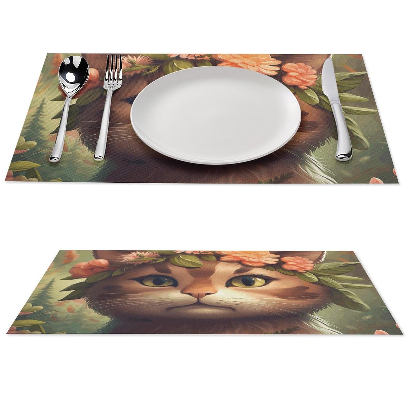 Set de table chat marron x4 antidérapant et résistant à la chaleur 45x30 cm