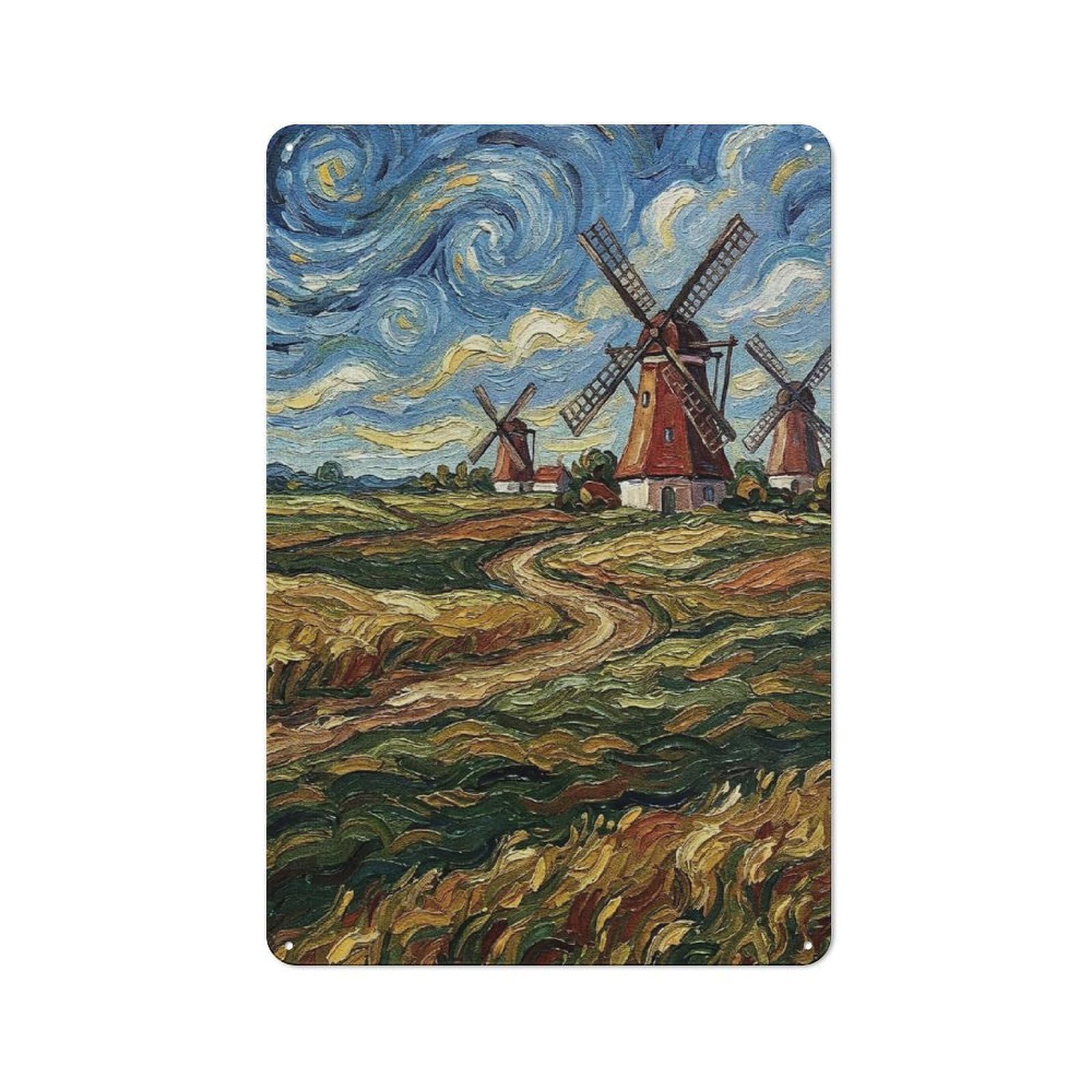 Junmoney Style-13 Windmills In A Field Painting Vintage Metal Plaque 30X20cm For Living Room Wall, Suited To Living Room Decor Lovers