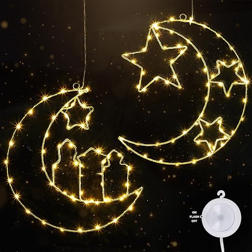 Glintoper Paquete de 2 luces decorativas de Ramadán, luces de silueta de ventana de luna y estrella, luces colgantes para ventana, decoración de