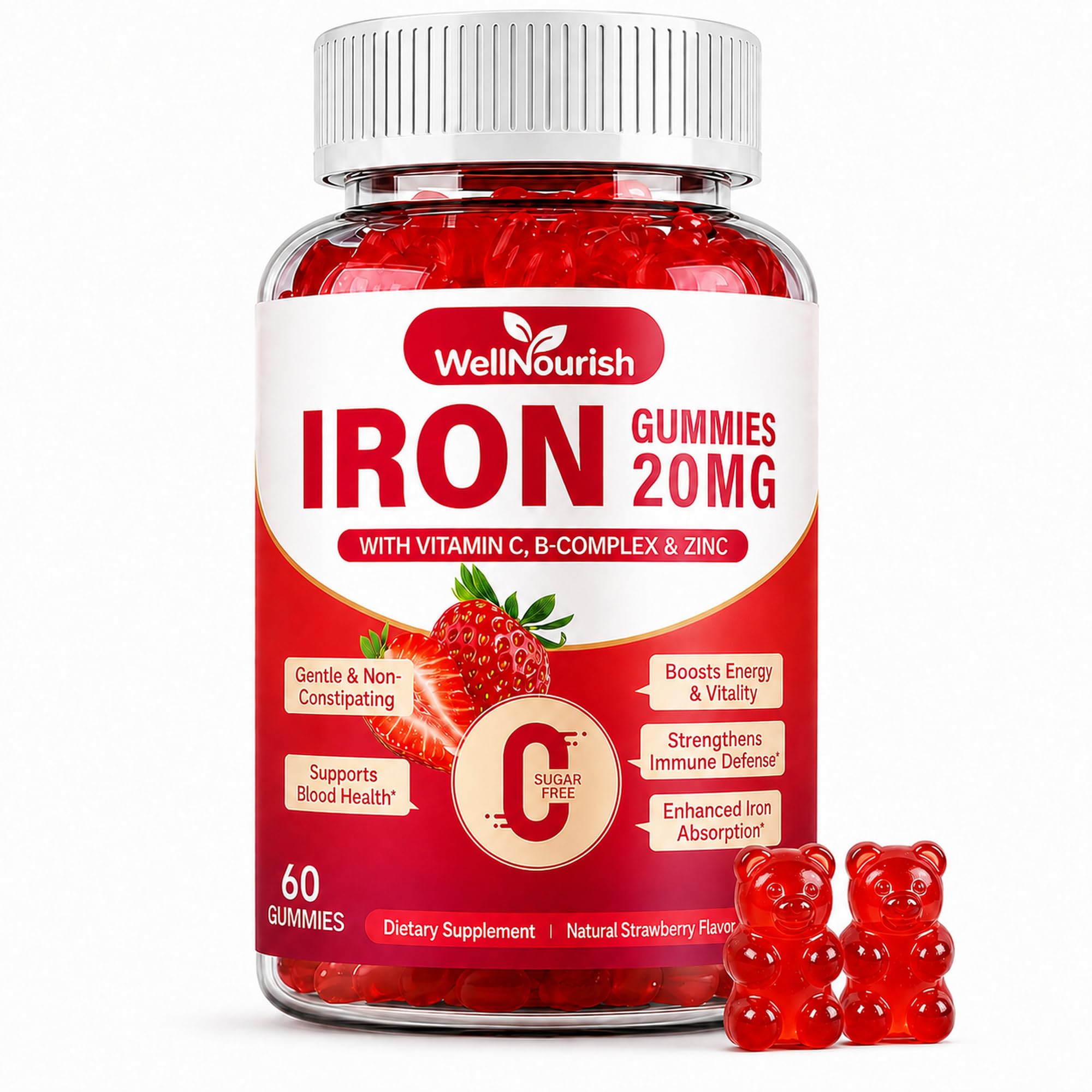 Iron Supplement Gummies, 20mg, Women & Kids, 60 Count 60 Count (Pack of 1)