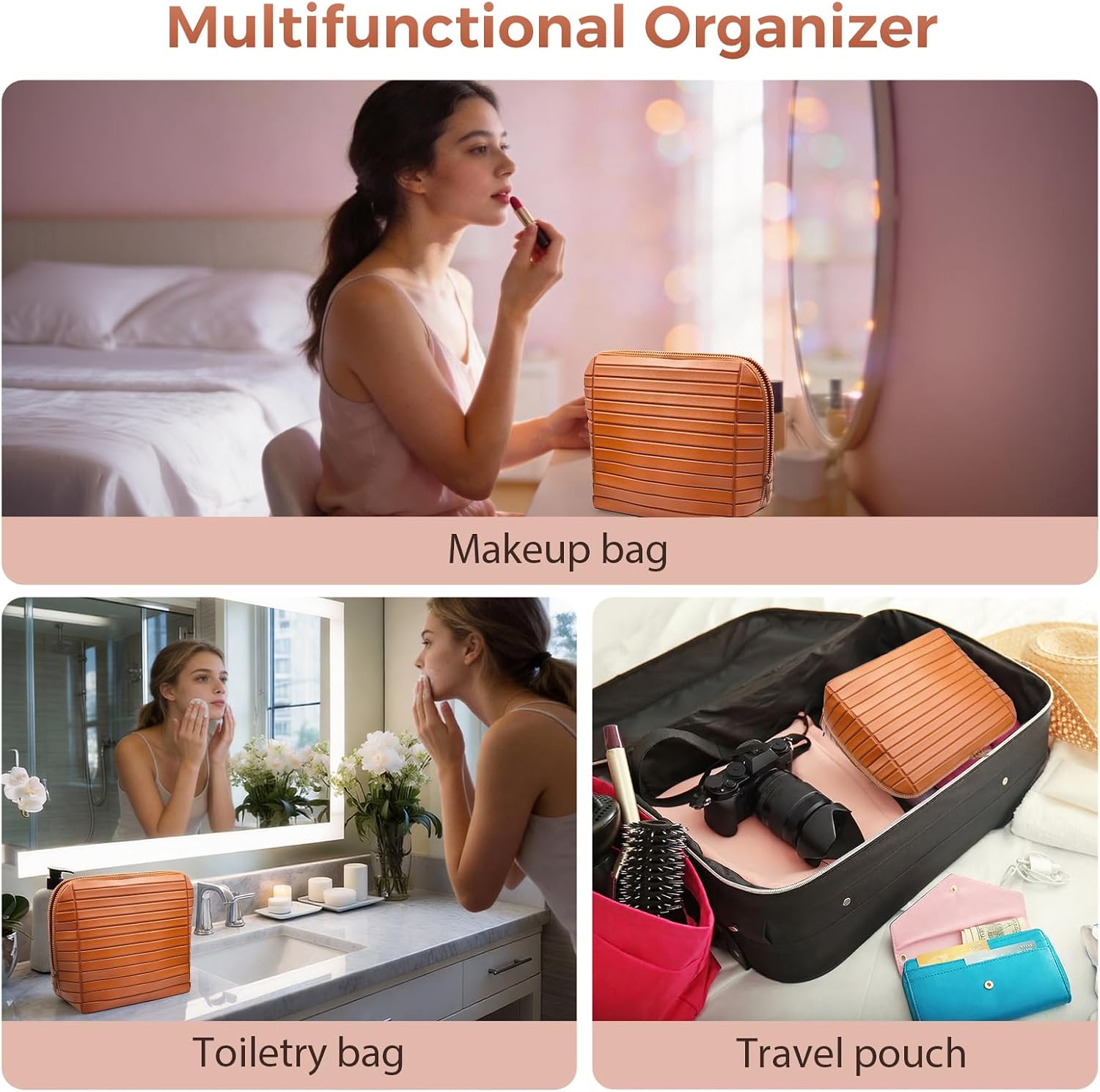 Travel Makeup Organizer Bag with Fold-Down Design and Adjustable Dividers, 27 Pockets & 3 Brush Storage Holders, Large Capacity Cosmetic Bags Toiletry Case (Brown, Large)