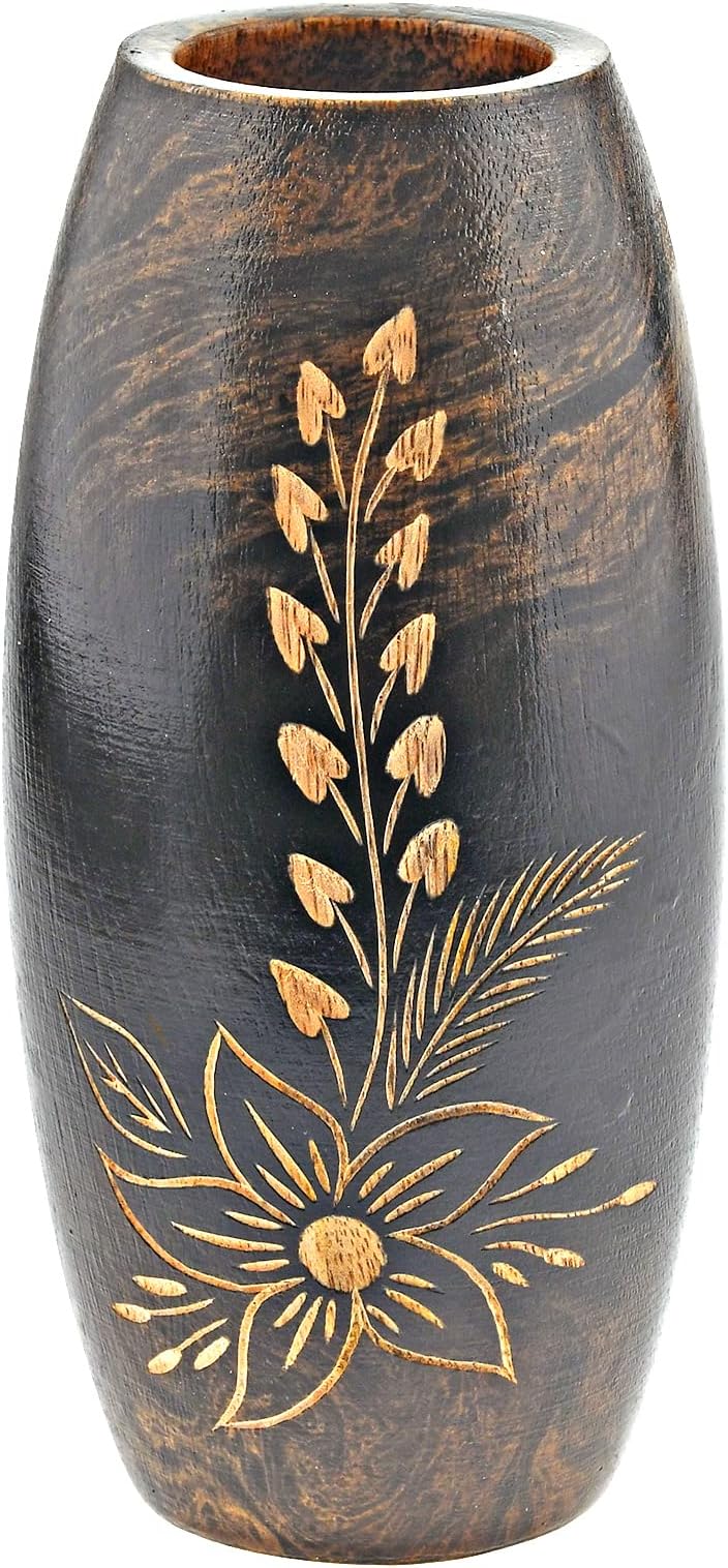 AeraVida Hand-Carved Mango Tree Wood Flower Vase Dark Brown Oval Tabletop Decorative Vase 6 Inch Small Rustic Home Decor for Living Room Dried Floral Display