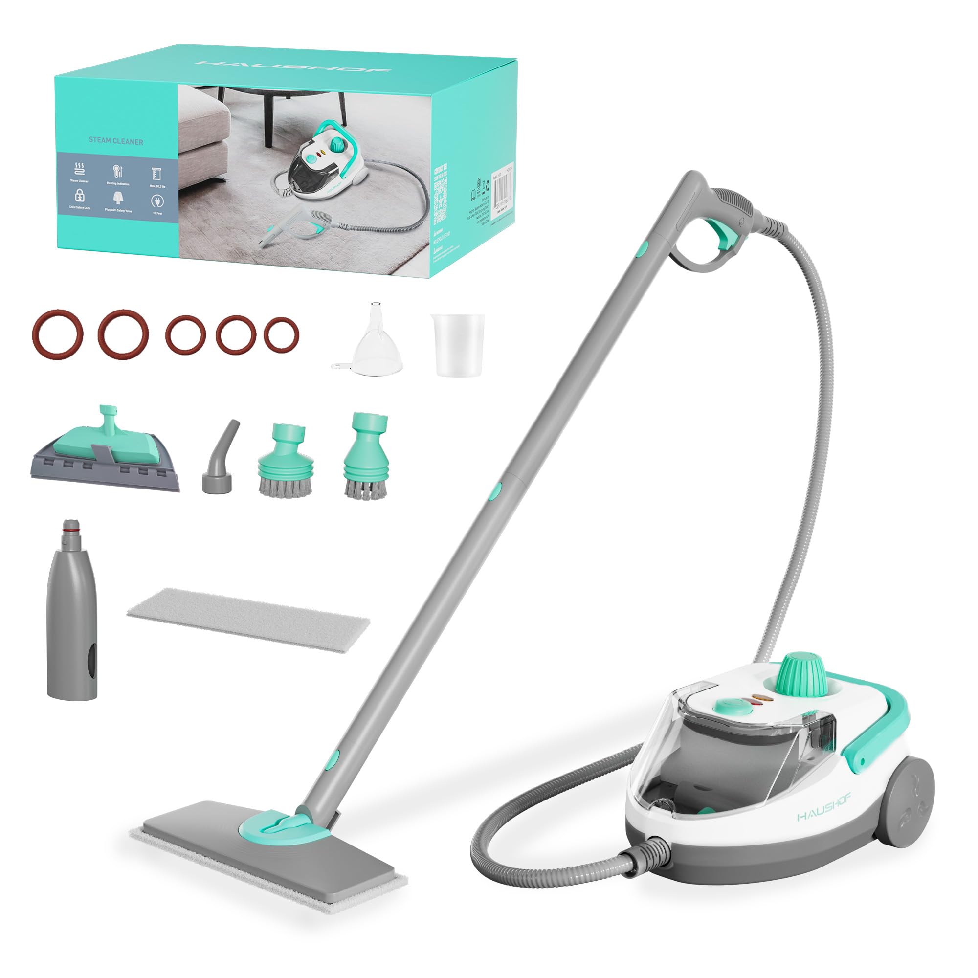 HAUSHOF Steam Cleaner, 1500W Powerful Steam Cleaner for Home with 19 Accessories & 51Oz Water Tank, Chemical-Free Multipurpose Portable Steambot for Floor, Tile, Grout, Couch, Window & Car