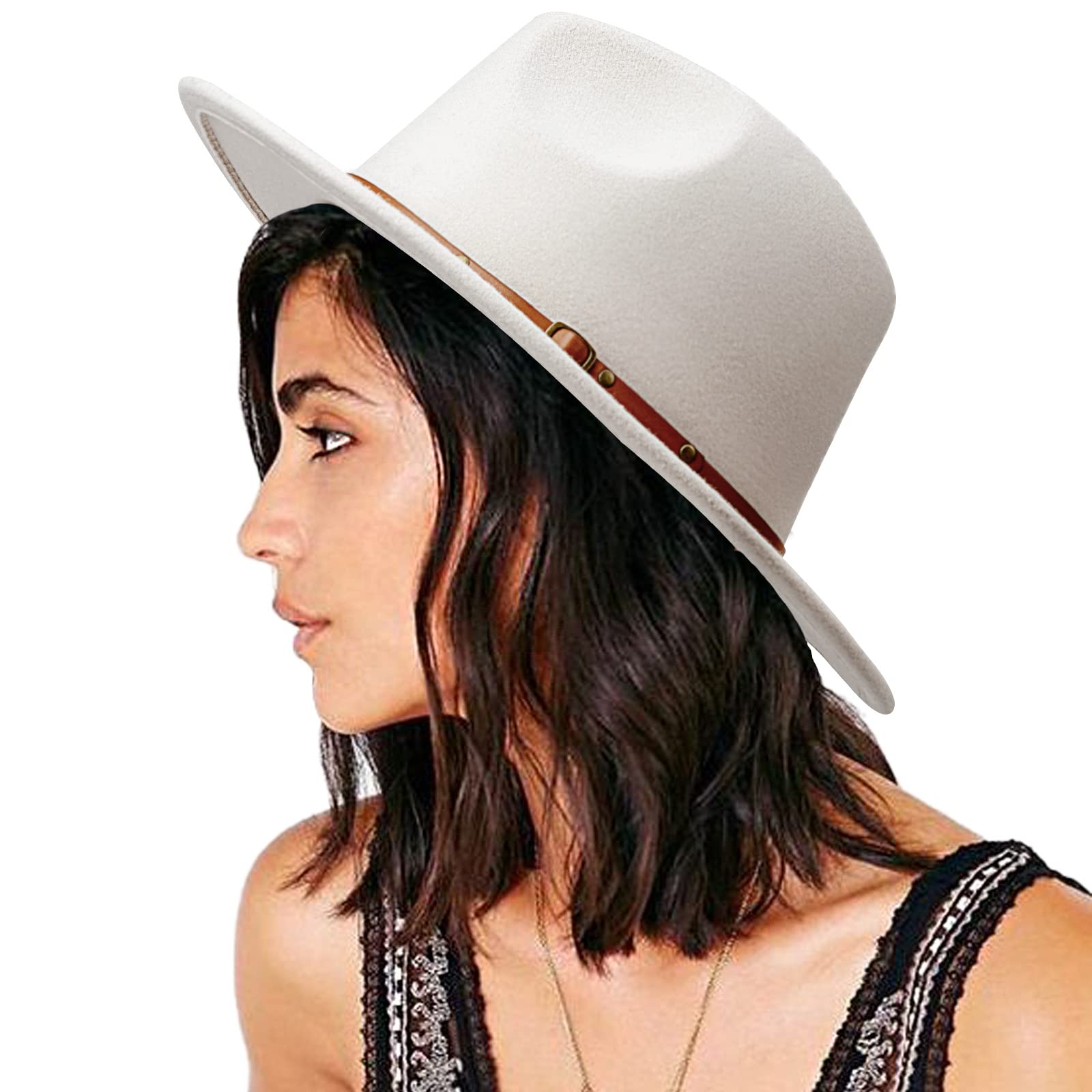 Dreshow Women's Beige Wide Brim Hat Fedora For Belt Buckle Retro Panama Floppy Hat