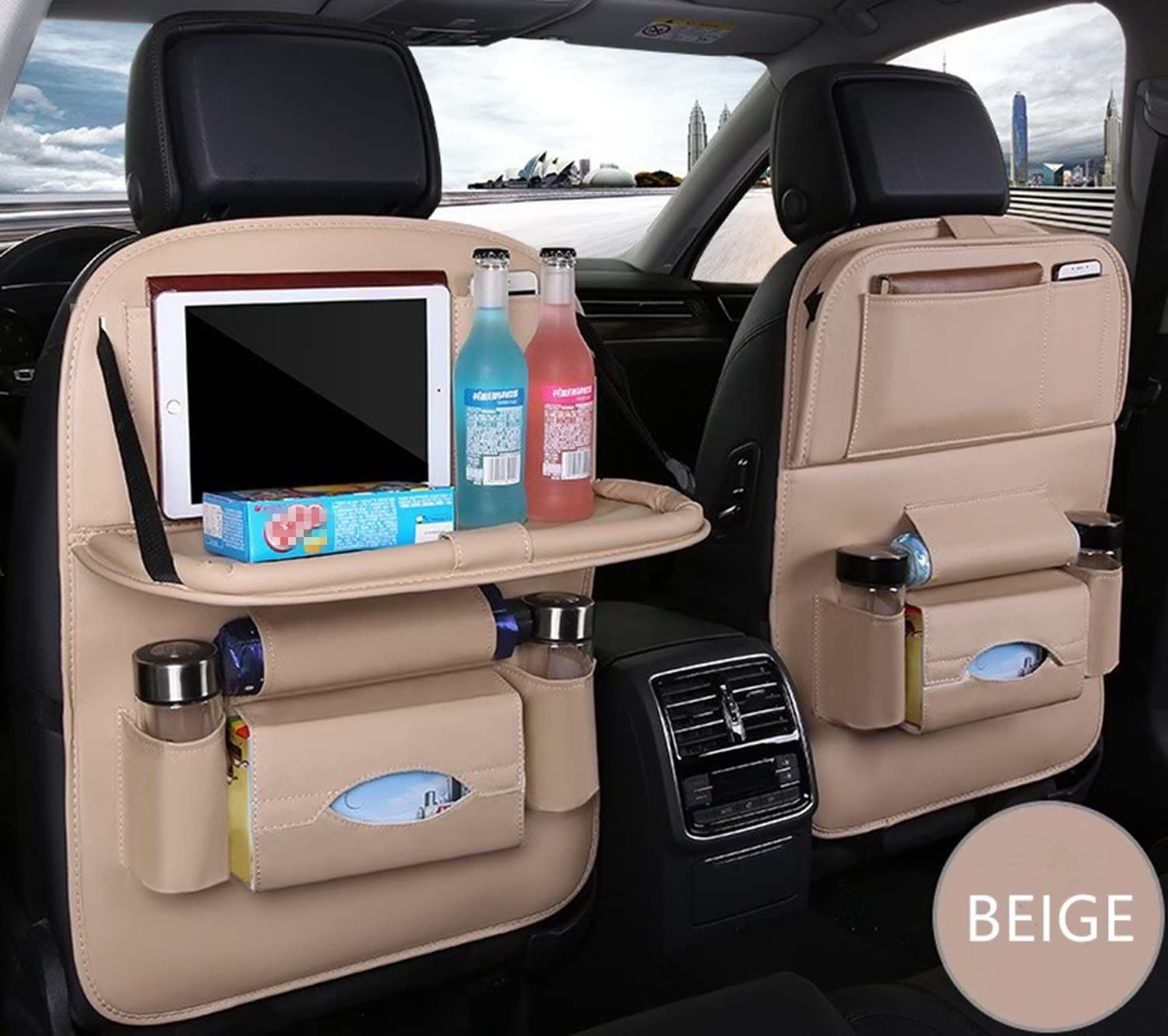 Car Seat Back Organizer with Foldable Table Tray PU Leather Storage Organizer with Pockets Kick Mats Seat Protectors Interior Accessories For Men Women Travel 2PCS Beige