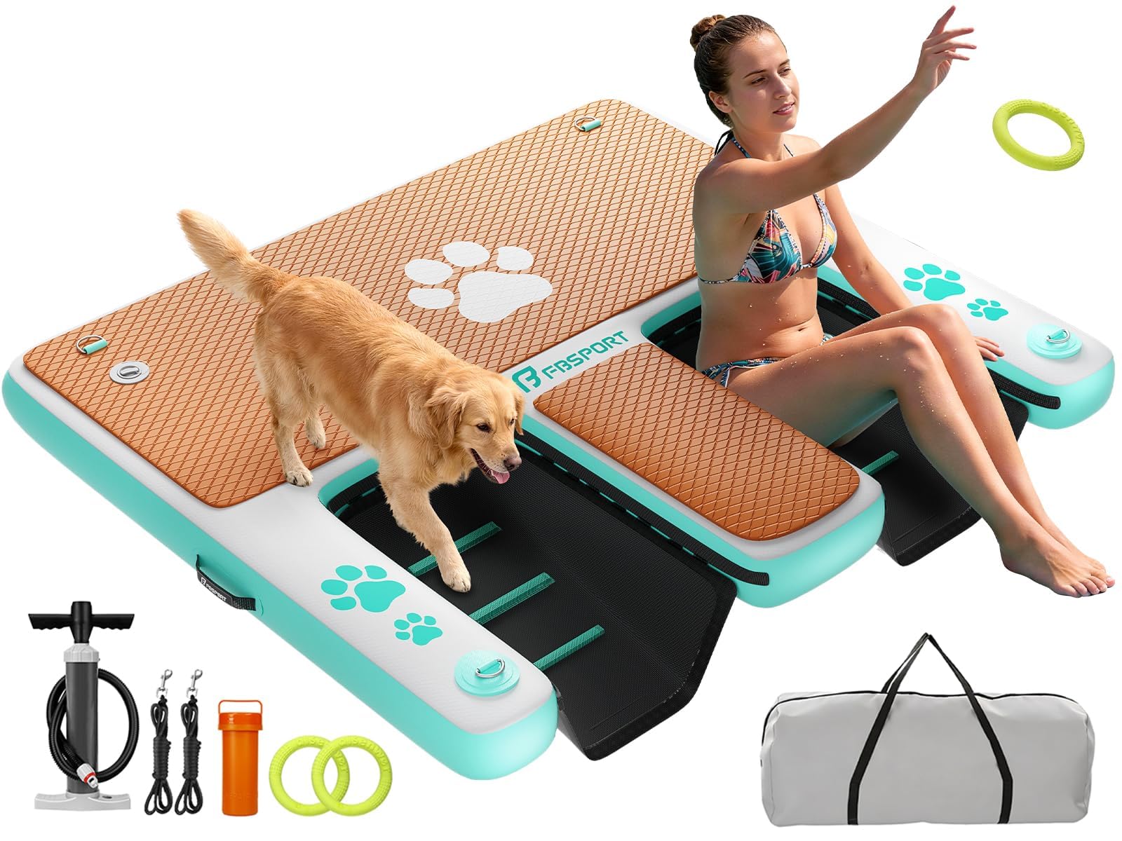 Aufblasbare Hunderampen Wasserrampe mit 2 Leiter, 150x160cm Extra Breite Dog Pool Ramp für Hunde bis zu 180 kg, rutschfeste Hundeboot Leiter Schwimmrampe Welpe Planke für Boote, Dock und Seen