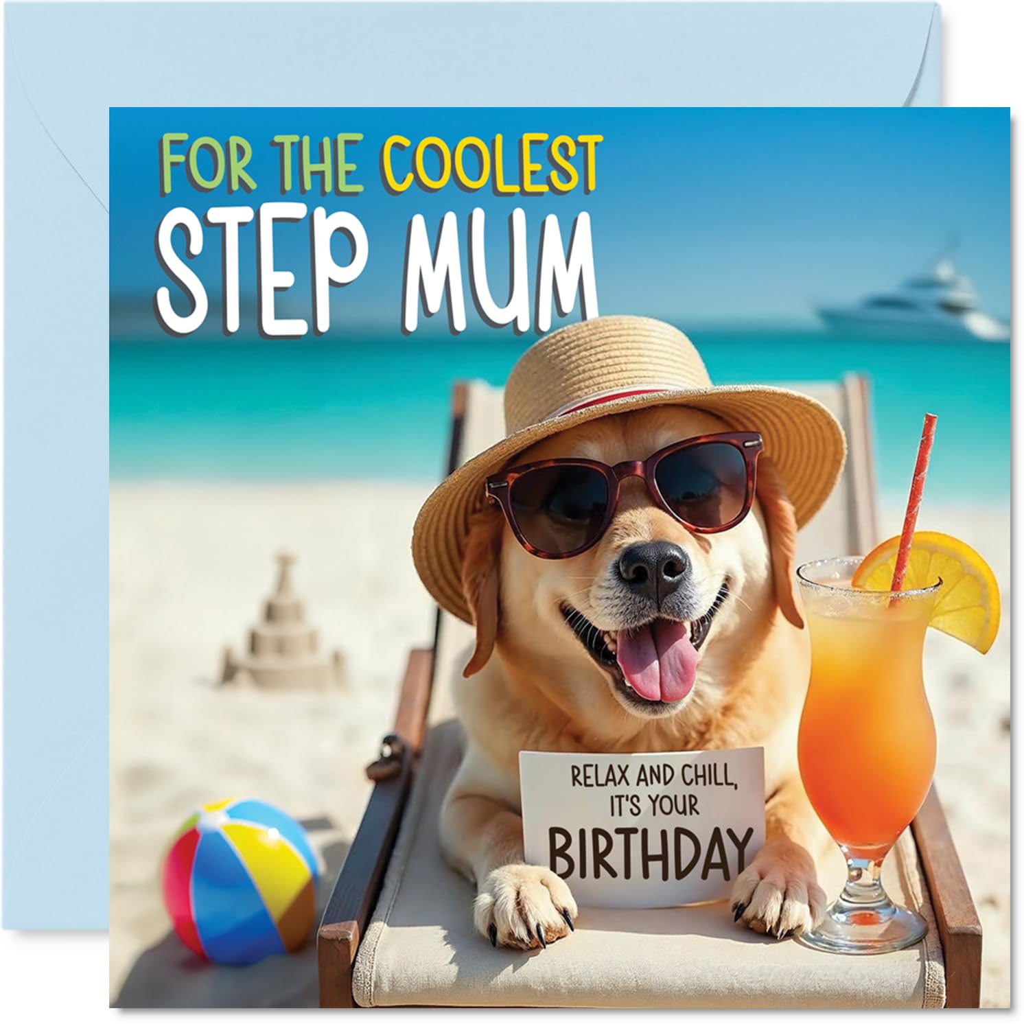 Step Mum Birthday Card - Chill Beach Dog - Happy Birthday Card for Step Mum from Son Daughter, 145mm Chill Beach Dog Bday Greeting Cards