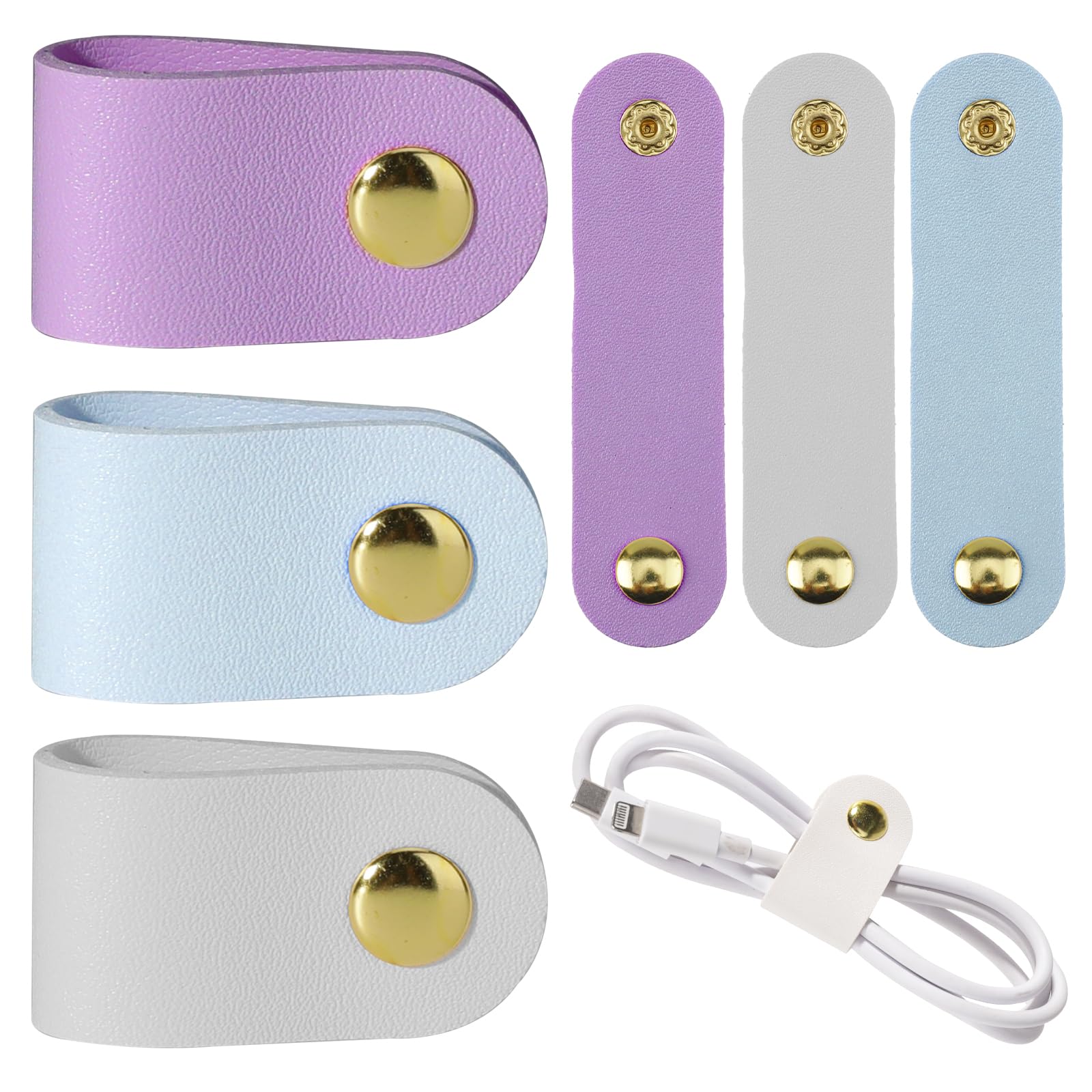 6pcs Leather Cable Organizer Reusable Cable Straps PU Leather Cord Organizer Travel Leather Cable Ties Phone Charging Cord Power Cord Headphone Organizer USB Multipurpose Cord Holder Snap Closure