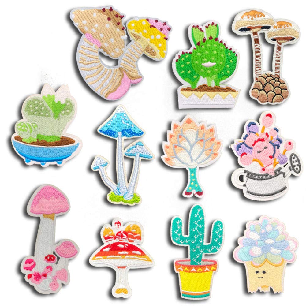 Autocollants brodés vêtements champignons cactus : 12 appliques badges fer à repasser