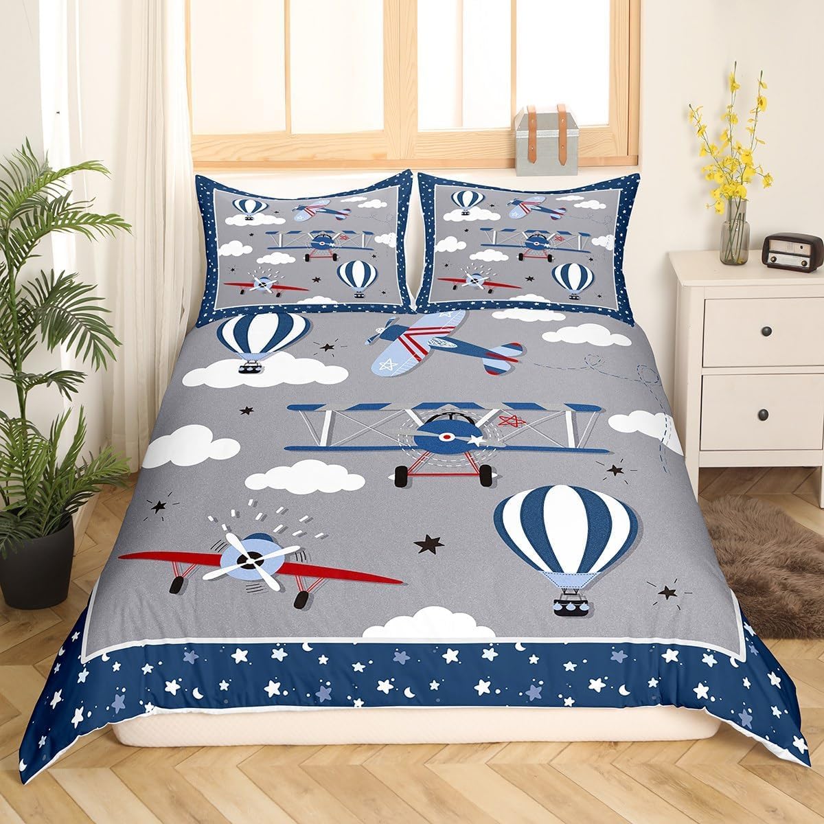Kids Cartoon Airplane Duvet Cover Double Size,Navy Stripes Hot Air Balloon Aircraft Comforter Cover for Adults Kids Bedroom Decor,Cloud Starry Moon Chic Grey Bedding Set 2 Pillowcases,No Comforter - Image 3