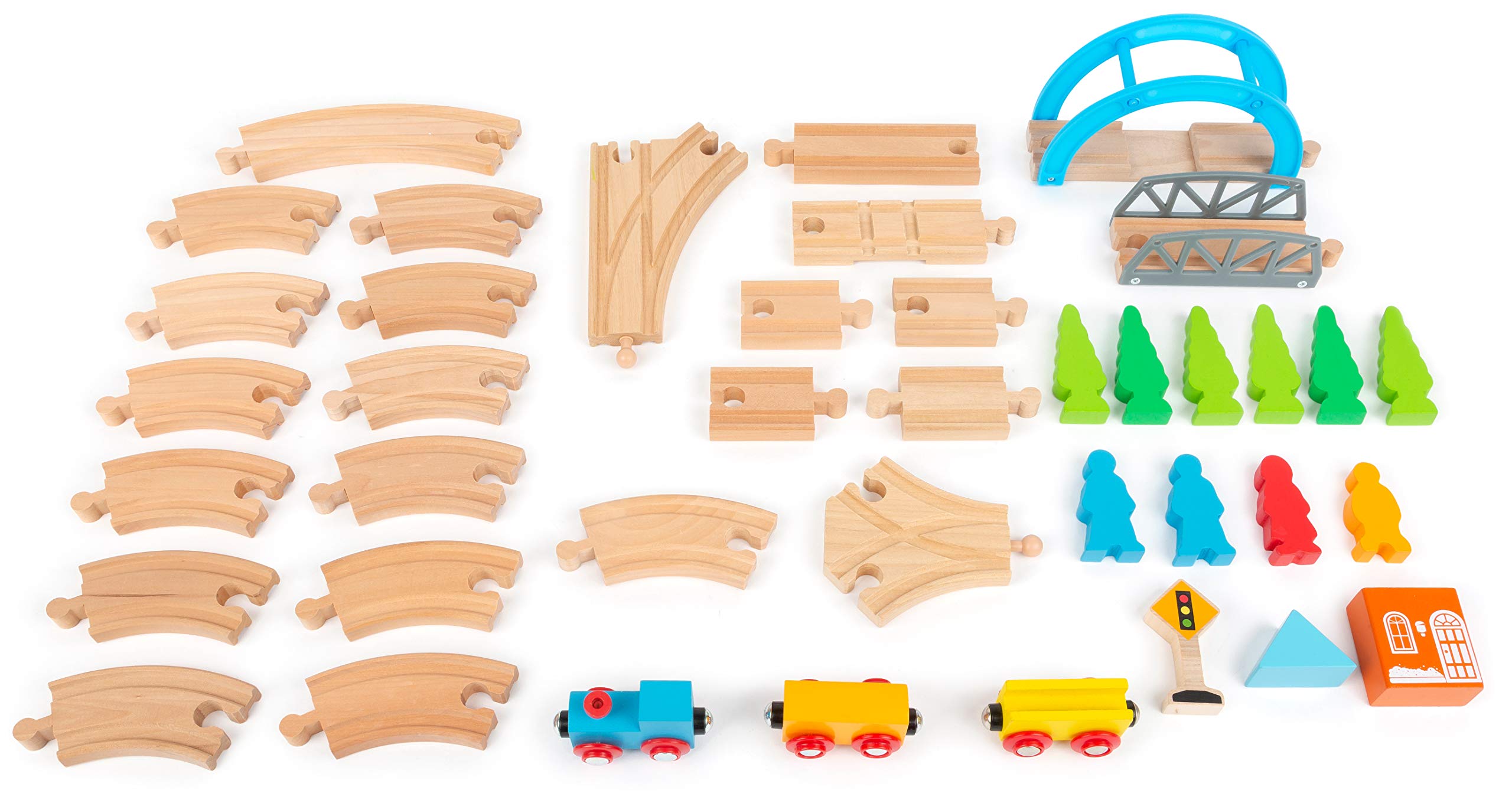 Small Foot 11491 Ferrovia di Legno Grande Viaggio, Legno, Set Ferroviario da Costruire, 40 Pezzi