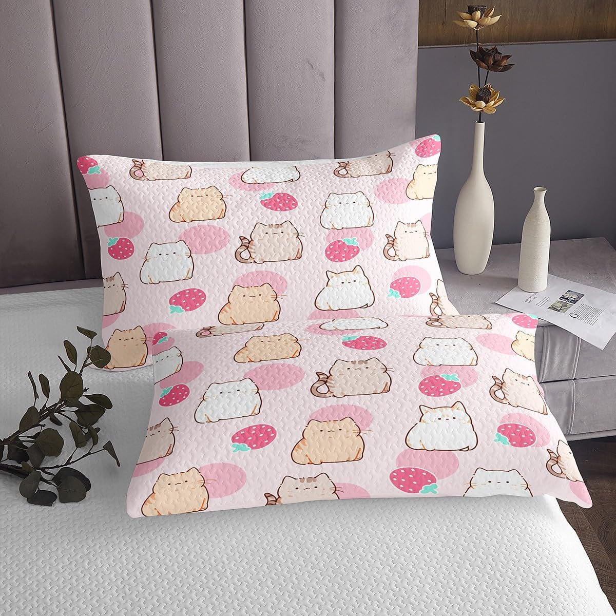 Cute Cartoon Cat Pet Coverlet Set Chic Strawberry Fruit Quilted Coverlet Pink Dot Watercolor Comforter Set Bedspreads Quilt Set for Children Kids Coverlet Set,Twin Size 2 Pcs