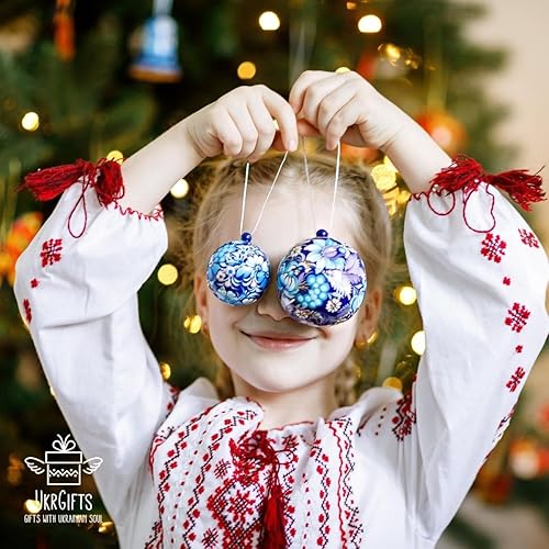 Miniatura 2 de Christmas Ball and Bell 5.5 cm Set Handmade of Wood and Hand-Painted Small Openable Bauble Ukrainian Folk Art Unique Christmas Ornaments with