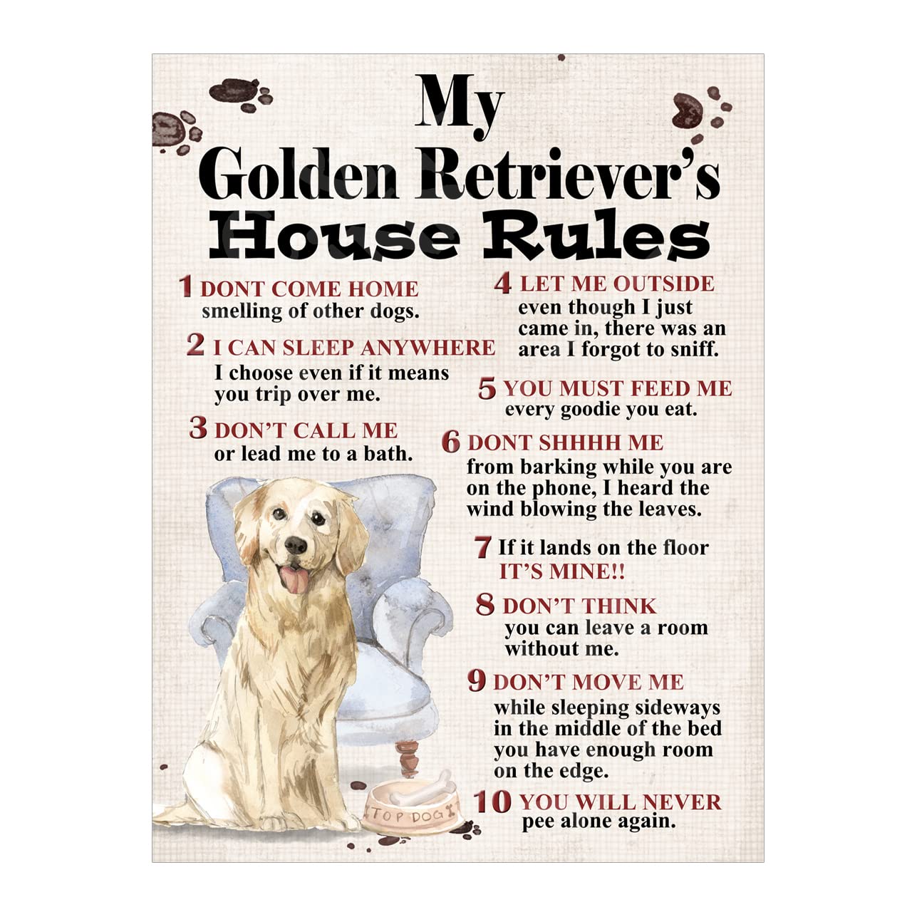 Metal Sign Plaque Dog House Rules My Golden Retriever's Pet Home Bar Man Cave Garden Shed Garage Pub Decor Shed Garage size 10x8in ref8259