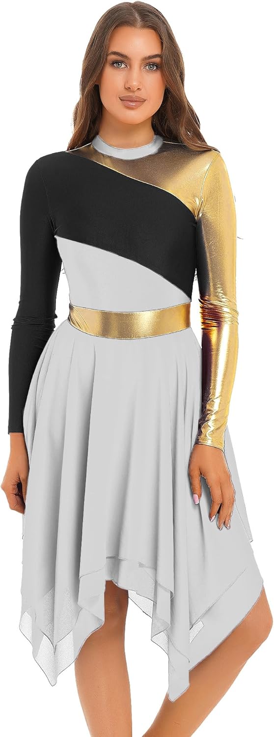 JEYPINMI Women's Praise Liturgical Dance Dress High Low Chiffon Worship Metallic Color Block Costume
