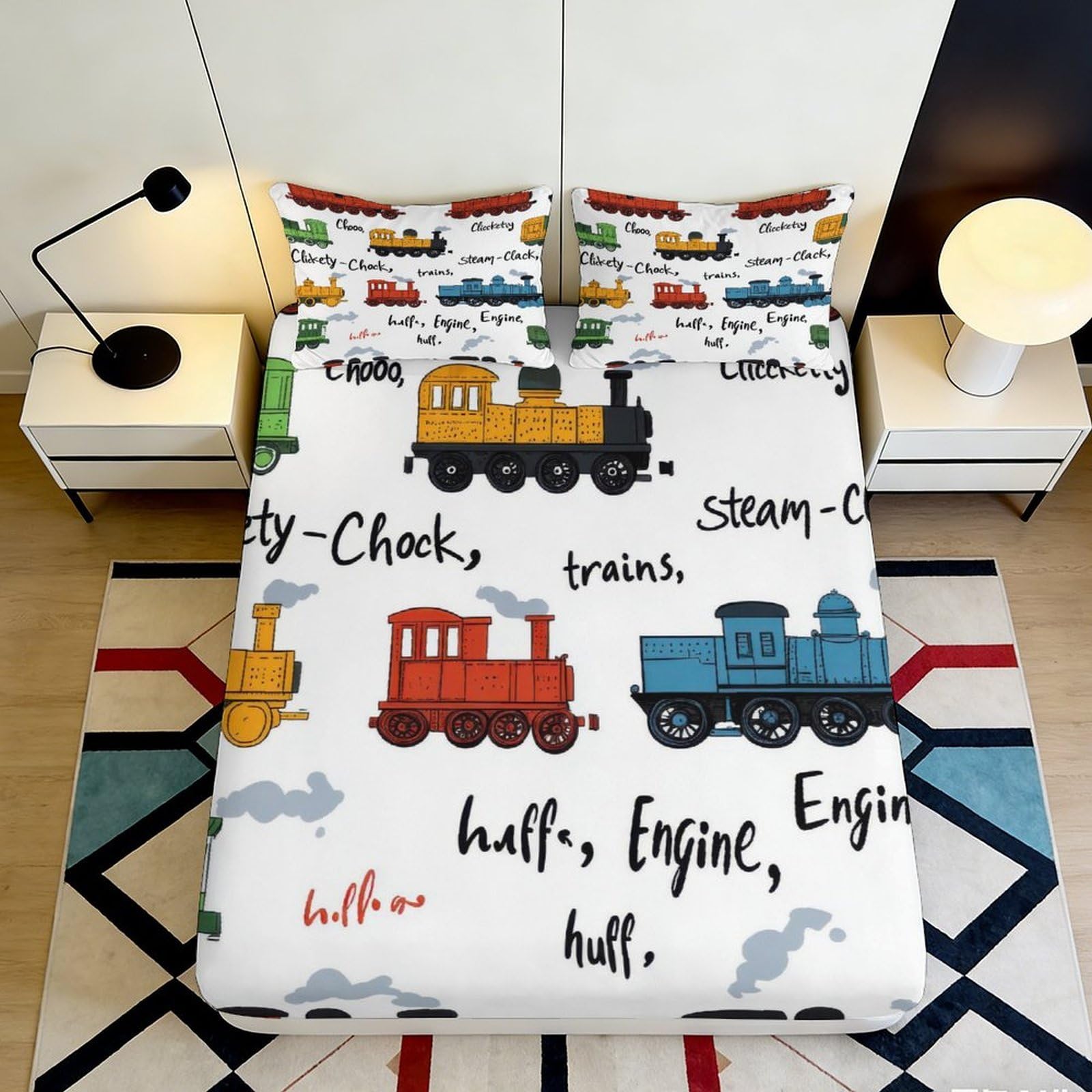 3D Printed Colorful Train Fitted Sheet Microfiber Soft Breathable Cartoon Locomotive Bed Cover for Bedroom Dormitory Guest Room Mattress Protection 90x200x25cm